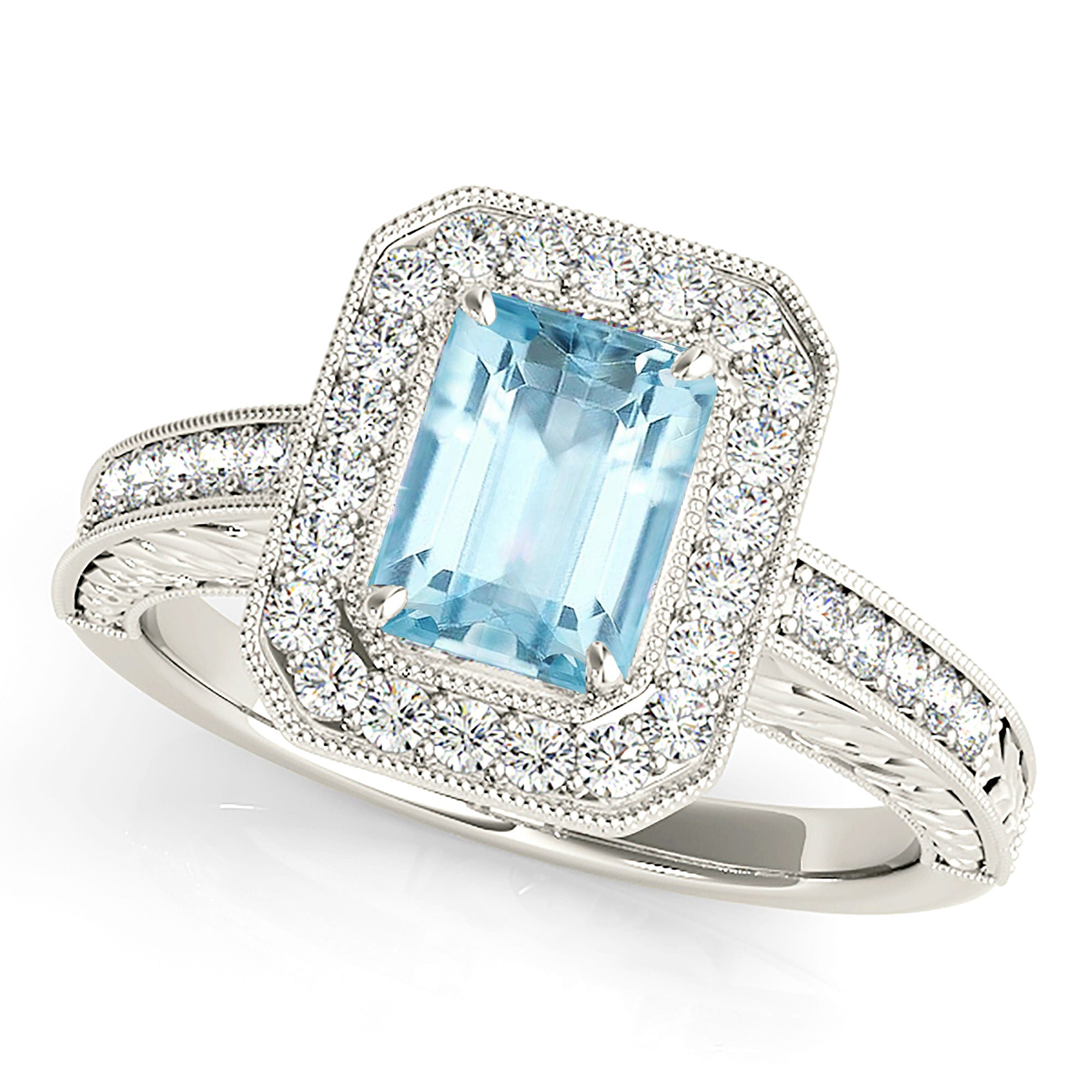 1.00 ct. Genuine Emerald Cut Aquamarine Ring With 0.35 ctw. Diamond Halo, Milgrain and Filigree Diamond Band | Blue Aquamarine Halo Ring-VIRABYANI