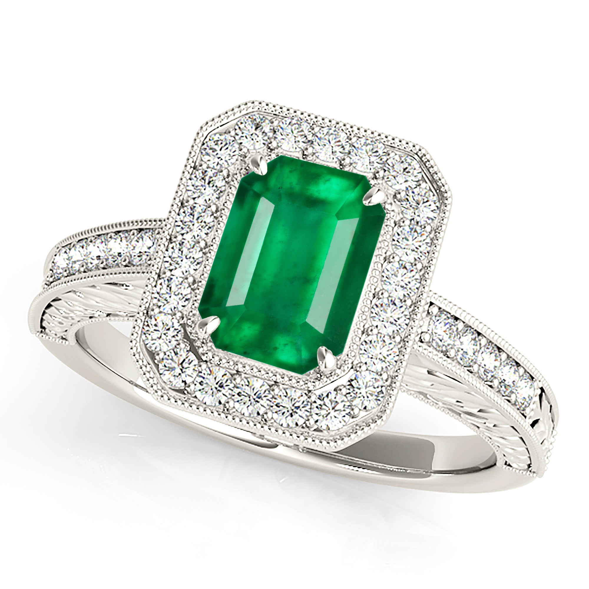1.00 ct. Genuine Emerald Ring With 0.35 ctw. Channel Set Diamond Halo and Diamond Thin Shank-VIRABYANI