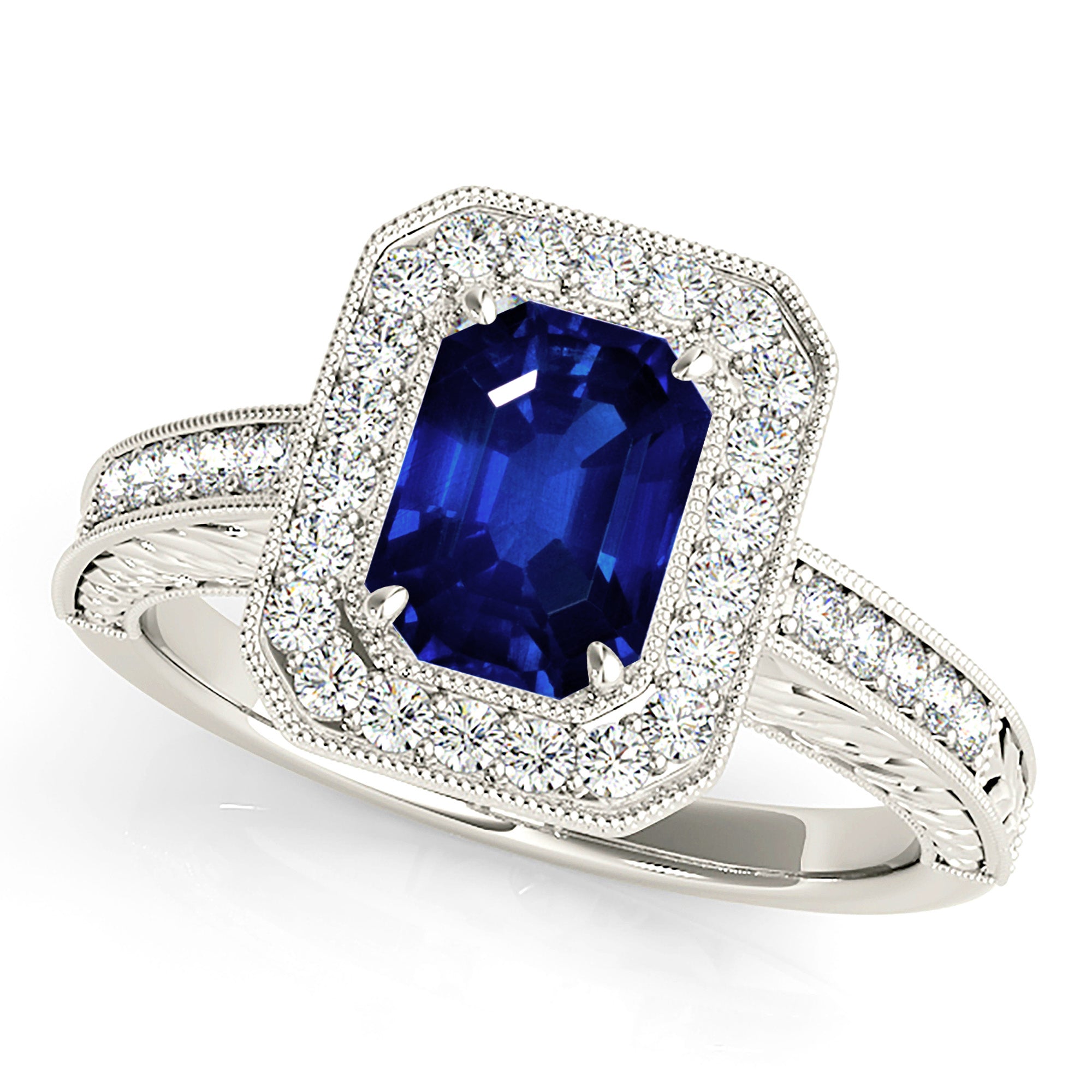 1.15 ct. Genuine Blue Emerald Cut Sapphire Ring With 0.35 ctw. Diamond Milgrain Halo, Filigree Band | Natural Sapphire And Diamond Ring-VIRABYANI