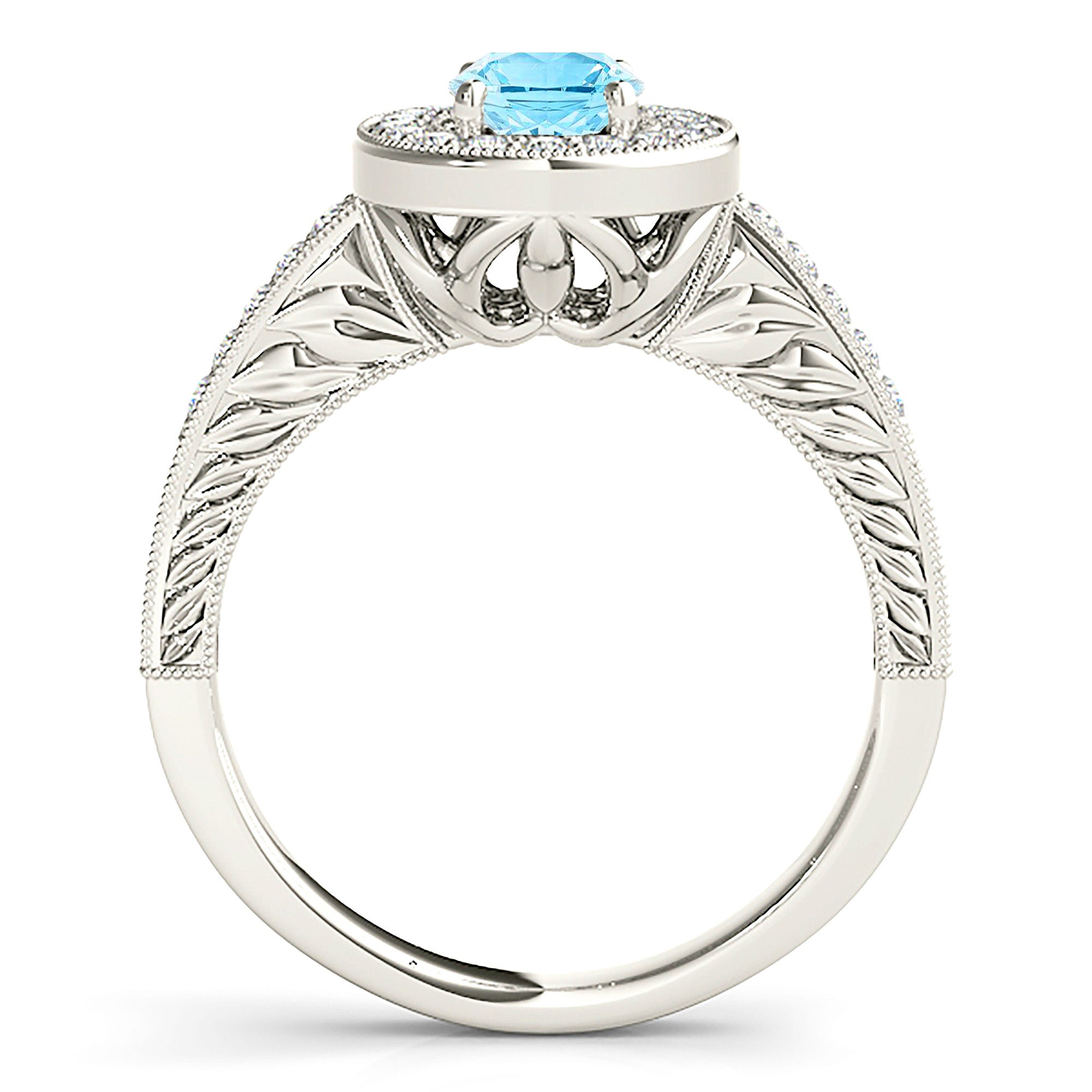 2.00 ct. Genuine Oval Aquamarine Ring With 0.35 ctw. Diamond Milgrain Halo And Filigree Diamond Band | Oval Blue Aquamarine Halo Ring-VIRABYANI