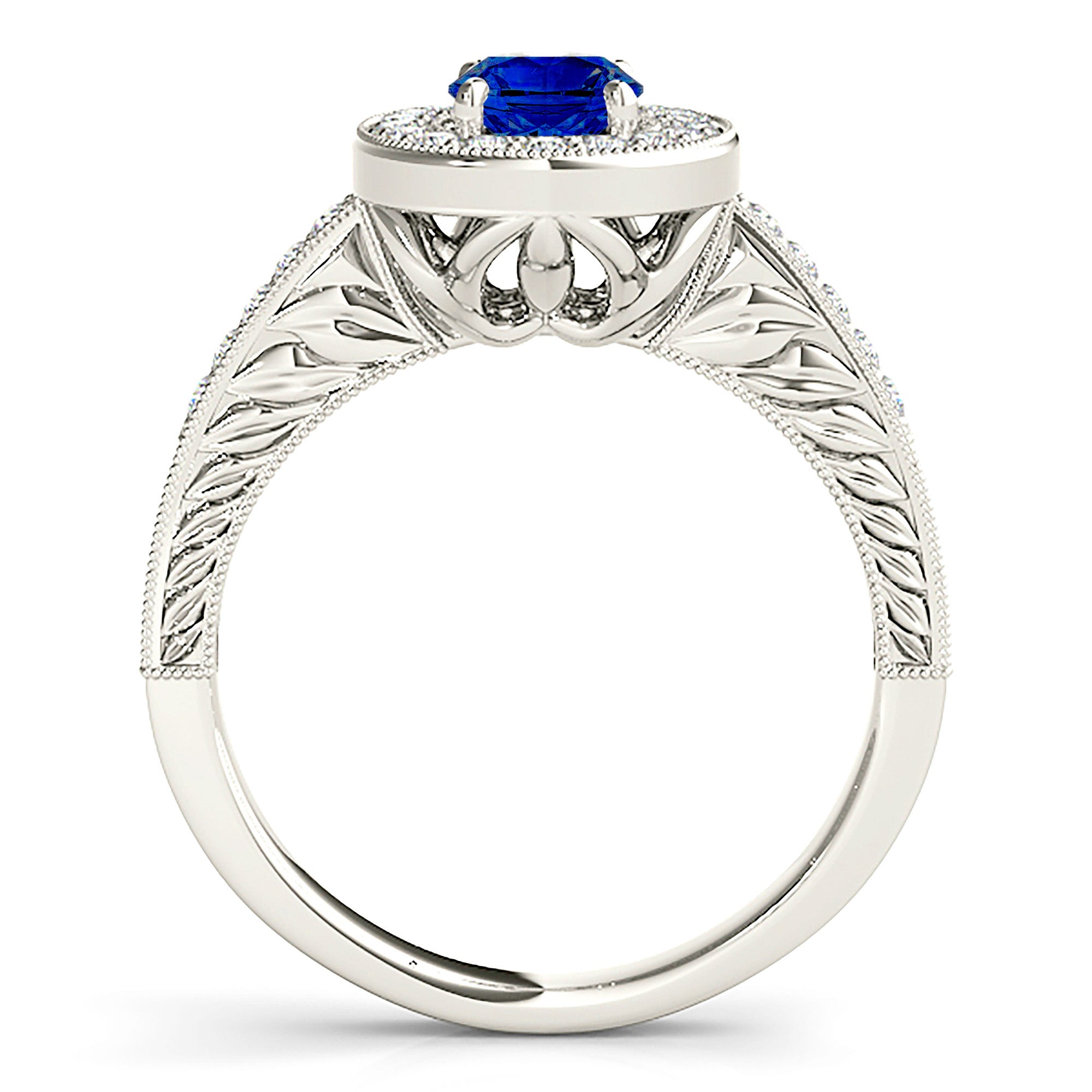 2.09 ct. Genuine Blue Oval Sapphire Ring With 0.35 ctw. Diamond Halo, Milgrain Diamond Band,Filigree Side Accent |Sapphire And Diamond Ring-in 14K/18K White, Yellow, Rose Gold and Platinum - Christmas Jewelry Gift -VIRABYANI