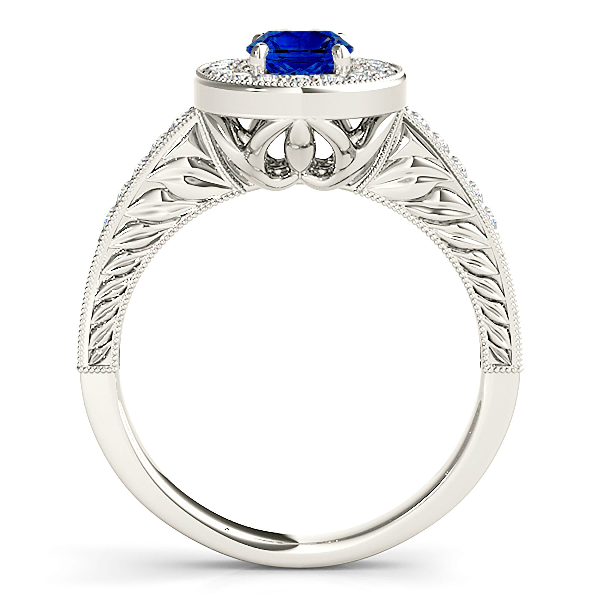 2.09 ct. Genuine Blue Oval Sapphire Ring With 0.35 ctw. Diamond Halo, Milgrain Diamond Band,Filigree Side Accent |Sapphire And Diamond Ring-VIRABYANI