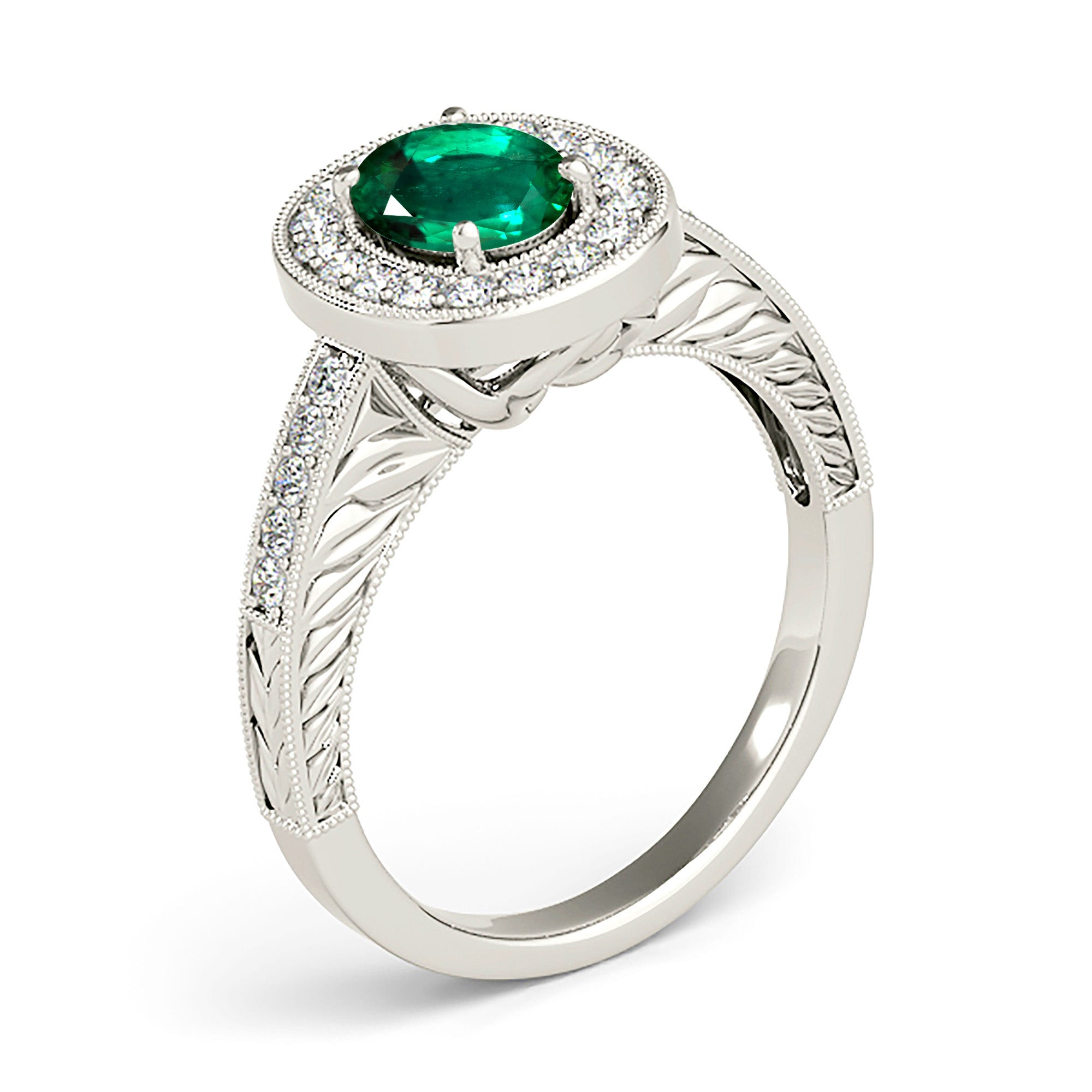 2.00 ct. Genuine Oval Emerald Ring With 0.35 ctw. Diamond Halo,Milgrain And Filigree Diamond Band-in 14K/18K White, Yellow, Rose Gold and Platinum - Christmas Jewelry Gift -VIRABYANI