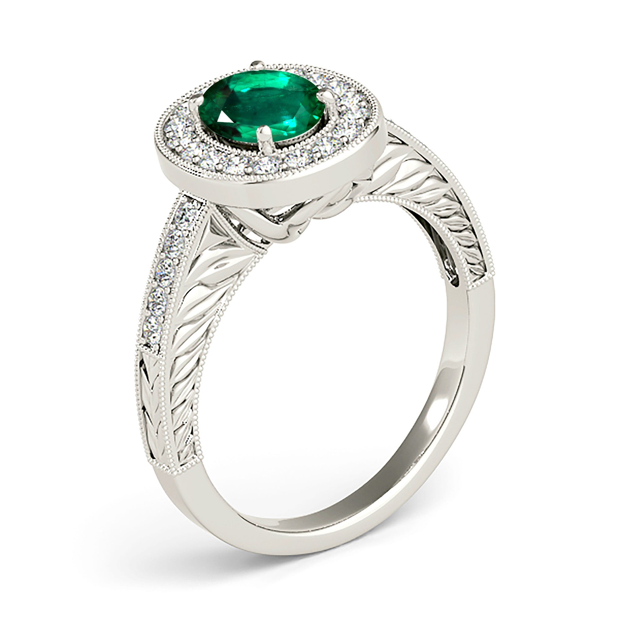 2.00 ct. Genuine Oval Emerald Ring With 0.35 ctw. Diamond Halo,Milgrain And Filigree Diamond Band-VIRABYANI