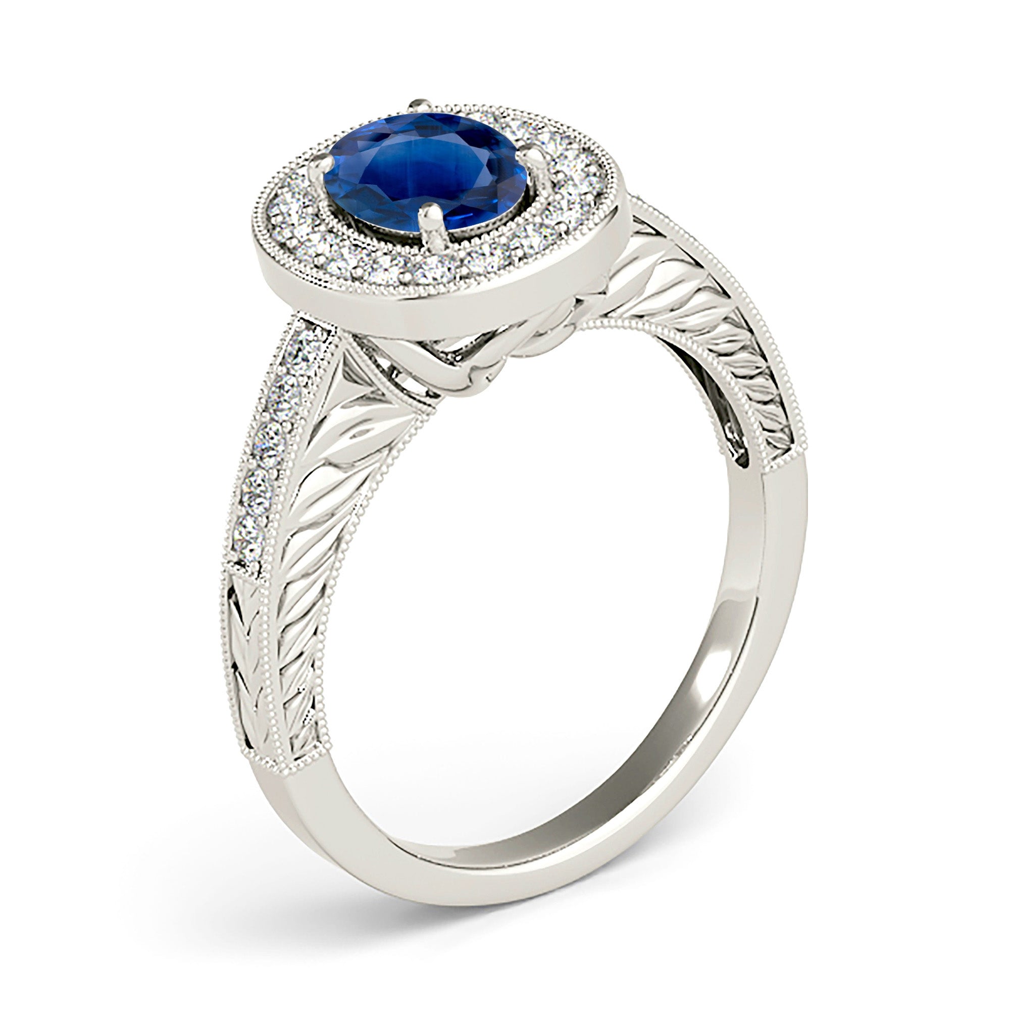 2.09 ct. Genuine Blue Oval Sapphire Ring With 0.35 ctw. Diamond Halo, Milgrain Diamond Band,Filigree Side Accent |Sapphire And Diamond Ring-VIRABYANI
