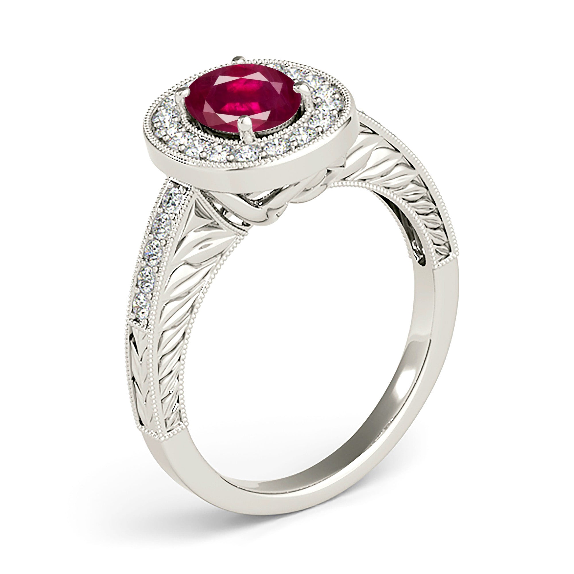 2.07 ct. Genuine Oval Ruby Ring with 0.35 ctw. Diamond Halo And Filigree Diamond Band-in 14K/18K White, Yellow, Rose Gold and Platinum - Christmas Jewelry Gift -VIRABYANI