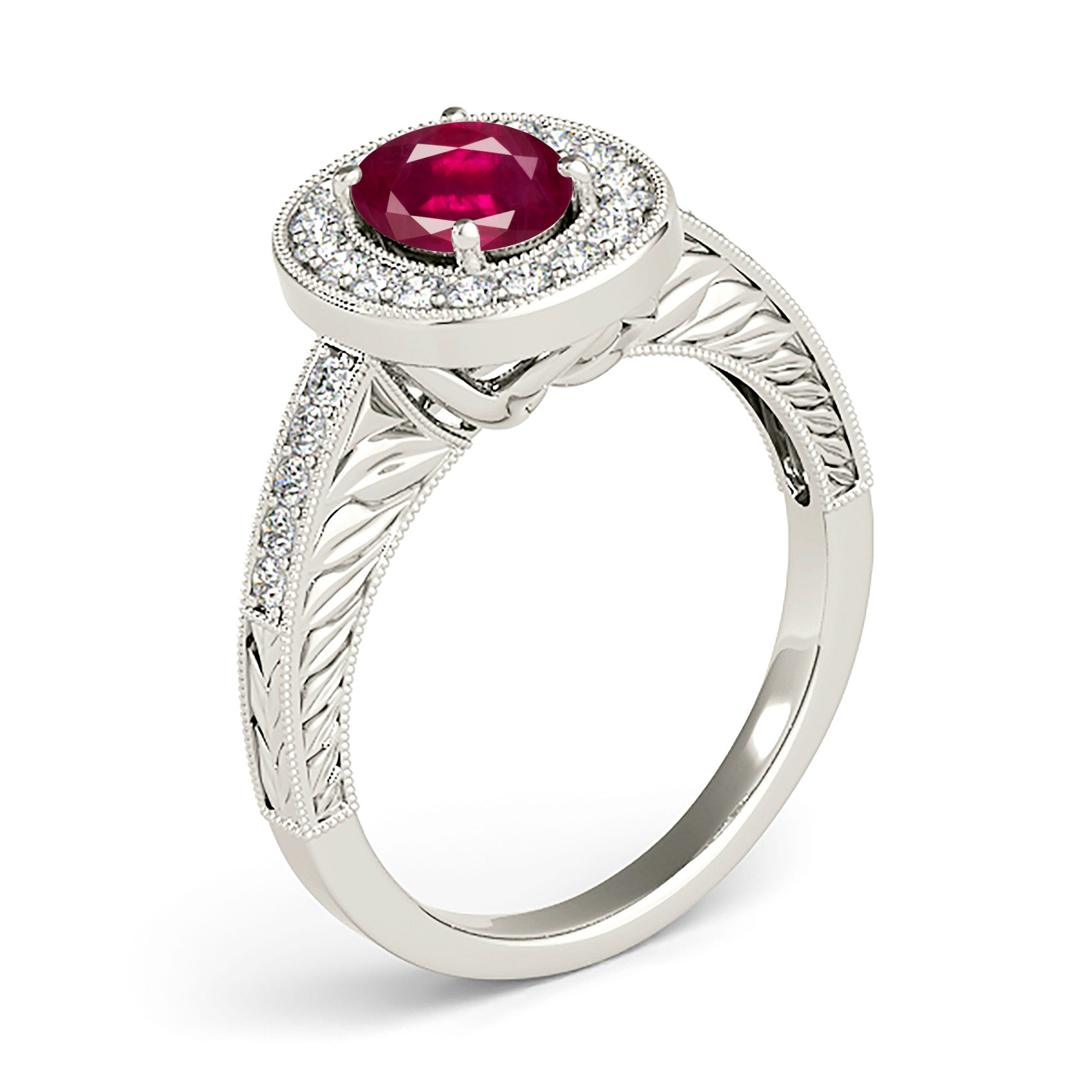 2.07 ct. Genuine Oval Ruby Ring with 0.35 ctw. Diamond Halo And Filigree Diamond Band-VIRABYANI