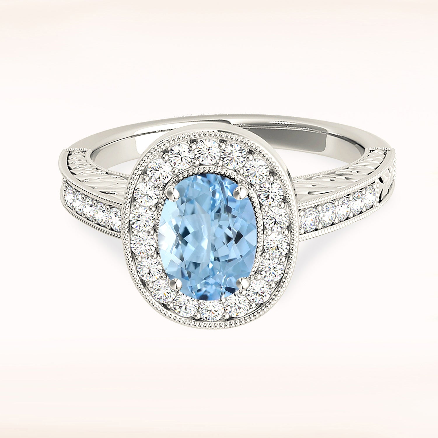 2.00 ct. Genuine Oval Aquamarine Ring With 0.35 ctw. Diamond Milgrain Halo And Filigree Diamond Band | Oval Blue Aquamarine Halo Ring-VIRABYANI