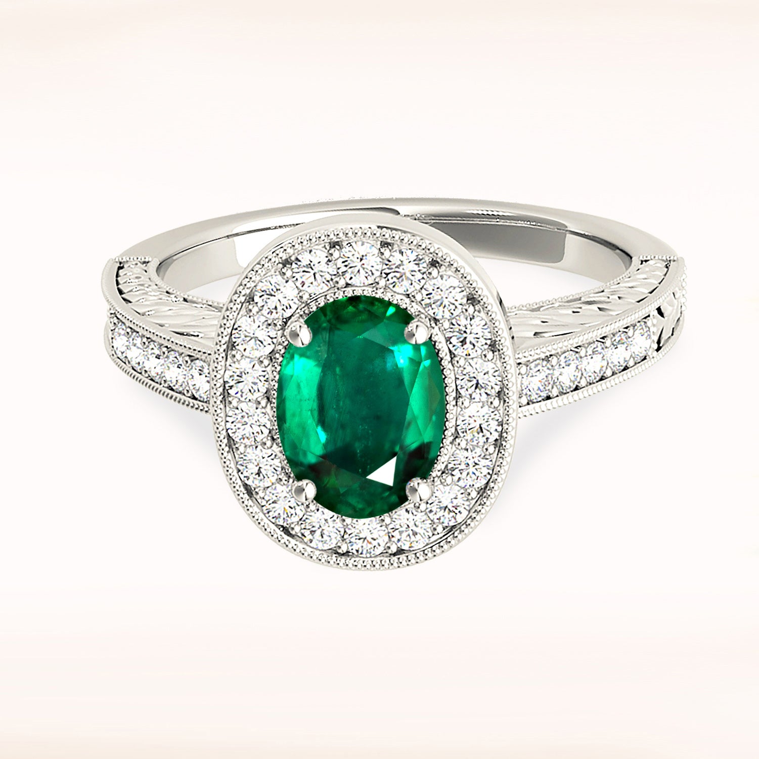 2.00 ct. Genuine Oval Emerald Ring With 0.35 ctw. Diamond Halo,Milgrain And Filigree Diamond Band-VIRABYANI