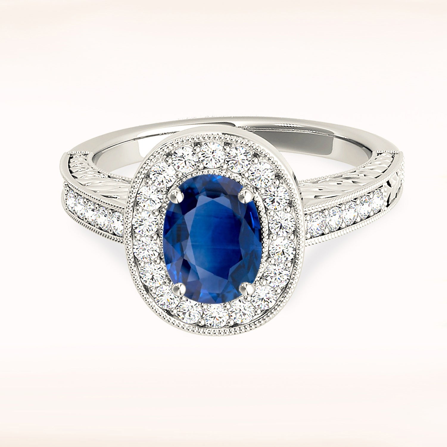 2.09 ct. Genuine Blue Oval Sapphire Ring With 0.35 ctw. Diamond Halo, Milgrain Diamond Band,Filigree Side Accent |Sapphire And Diamond Ring-VIRABYANI