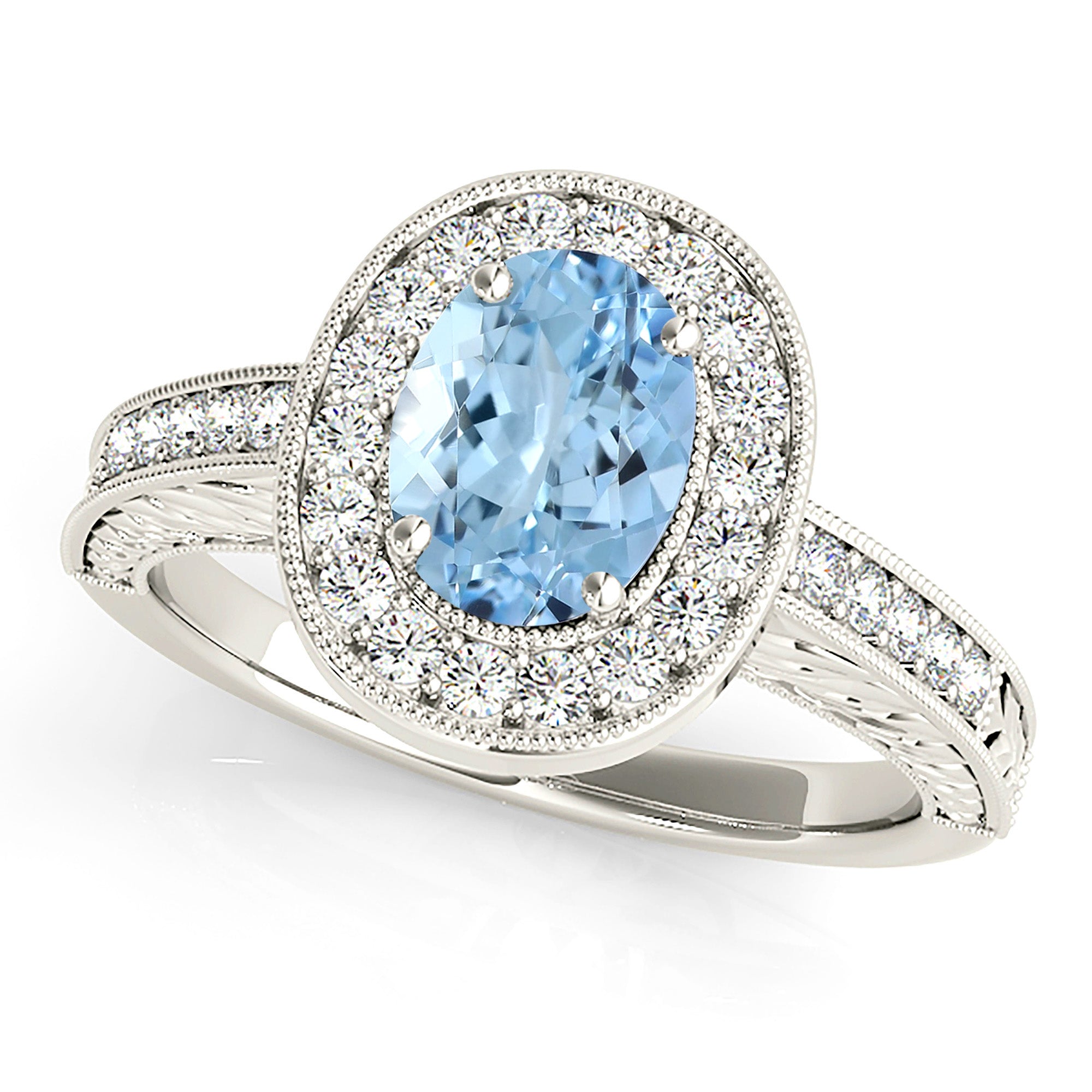 2.00 ct. Genuine Oval Aquamarine Ring With 0.35 ctw. Diamond Milgrain Halo And Filigree Diamond Band | Oval Blue Aquamarine Halo Ring-VIRABYANI