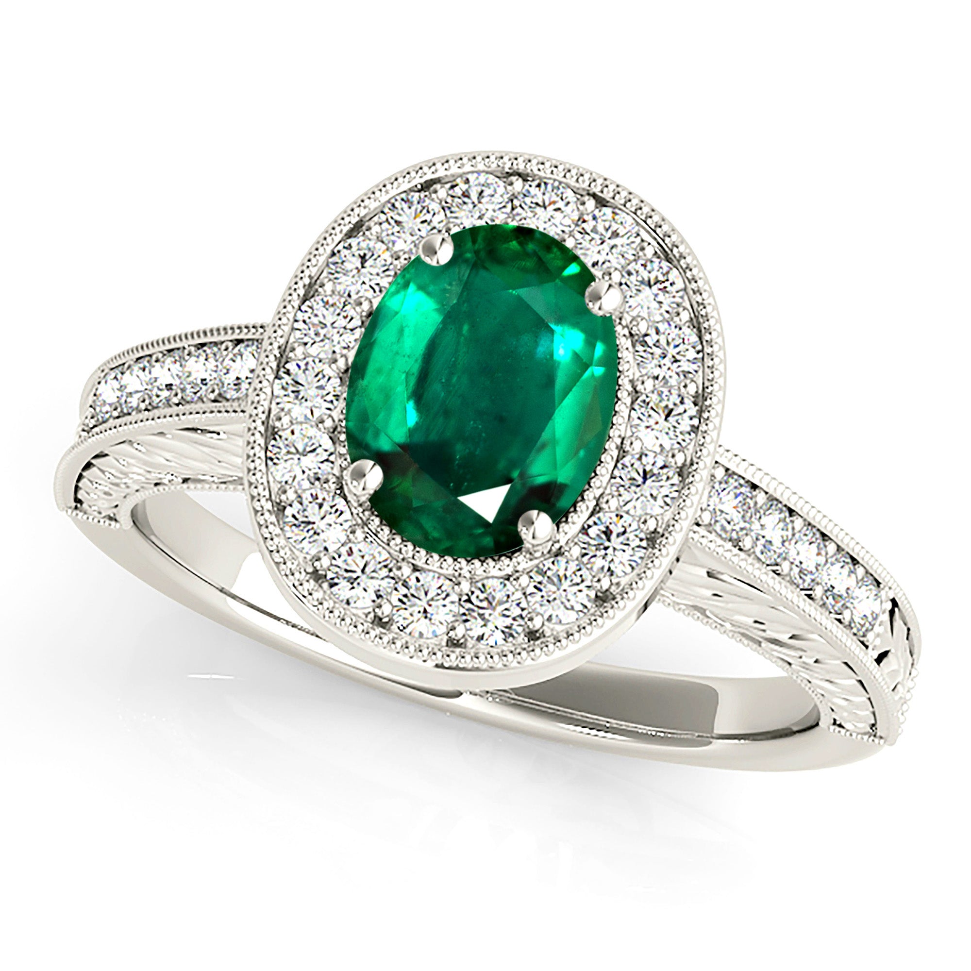 2.00 ct. Genuine Oval Emerald Ring With 0.35 ctw. Diamond Halo,Milgrain And Filigree Diamond Band-VIRABYANI