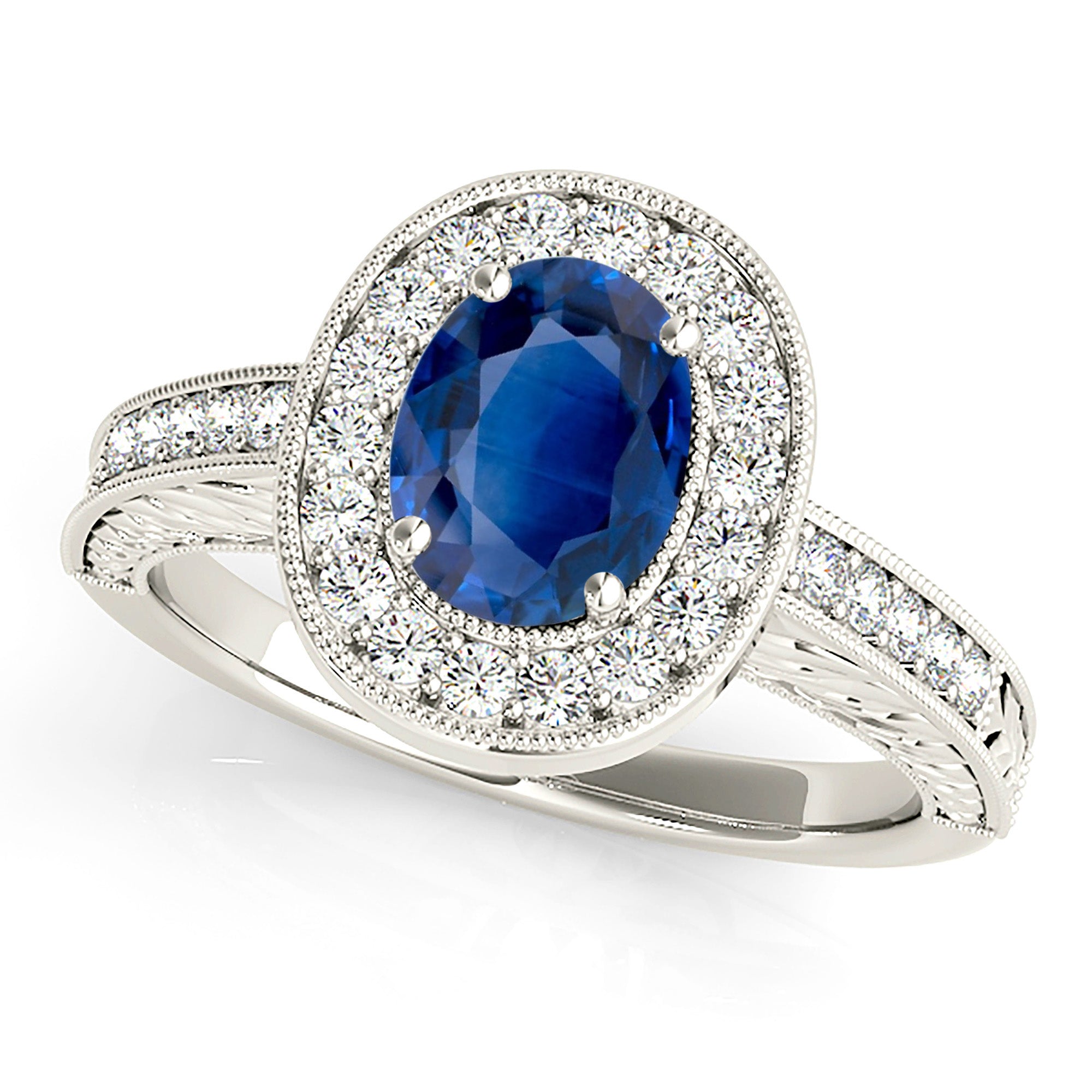 2.09 ct. Genuine Blue Oval Sapphire Ring With 0.35 ctw. Diamond Halo, Milgrain Diamond Band,Filigree Side Accent |Sapphire And Diamond Ring-VIRABYANI