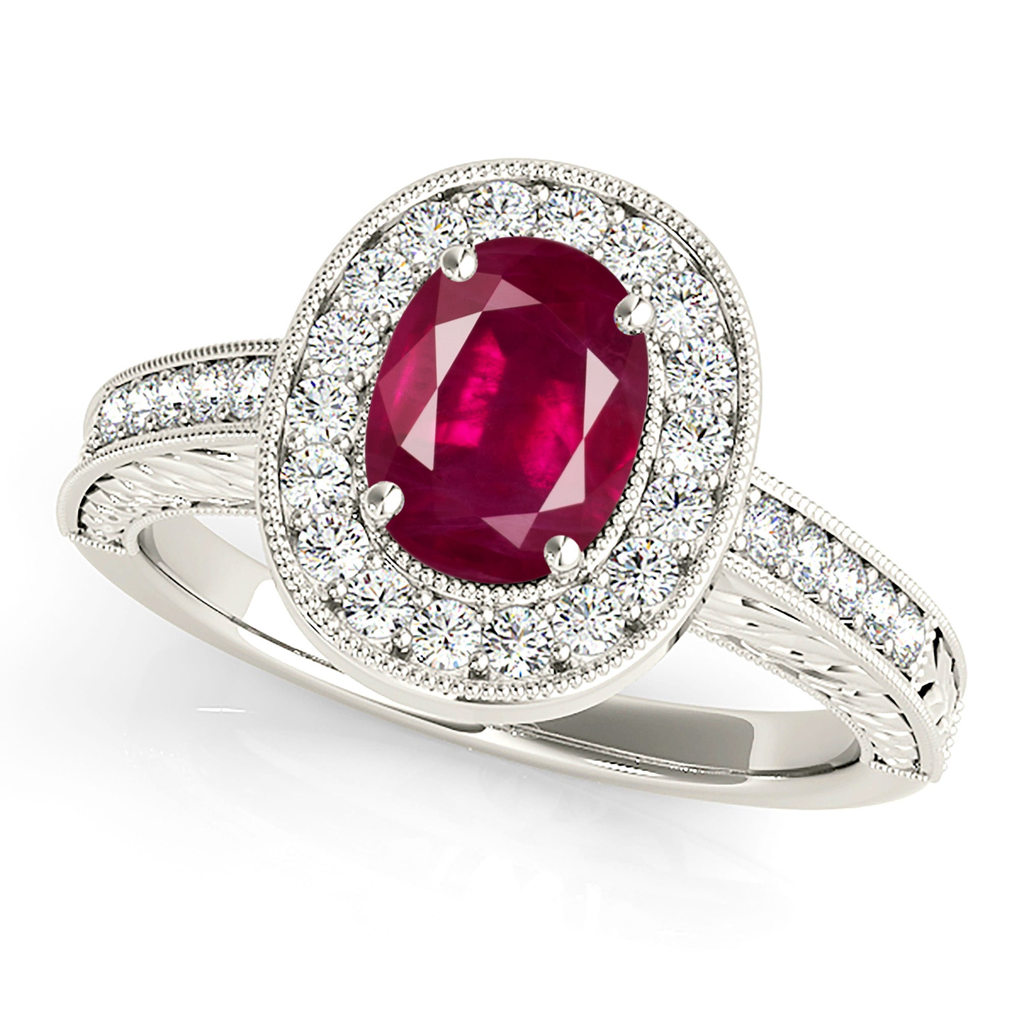 2.07 ct. Genuine Oval Ruby Ring with 0.35 ctw. Diamond Halo And Filigree Diamond Band-VIRABYANI