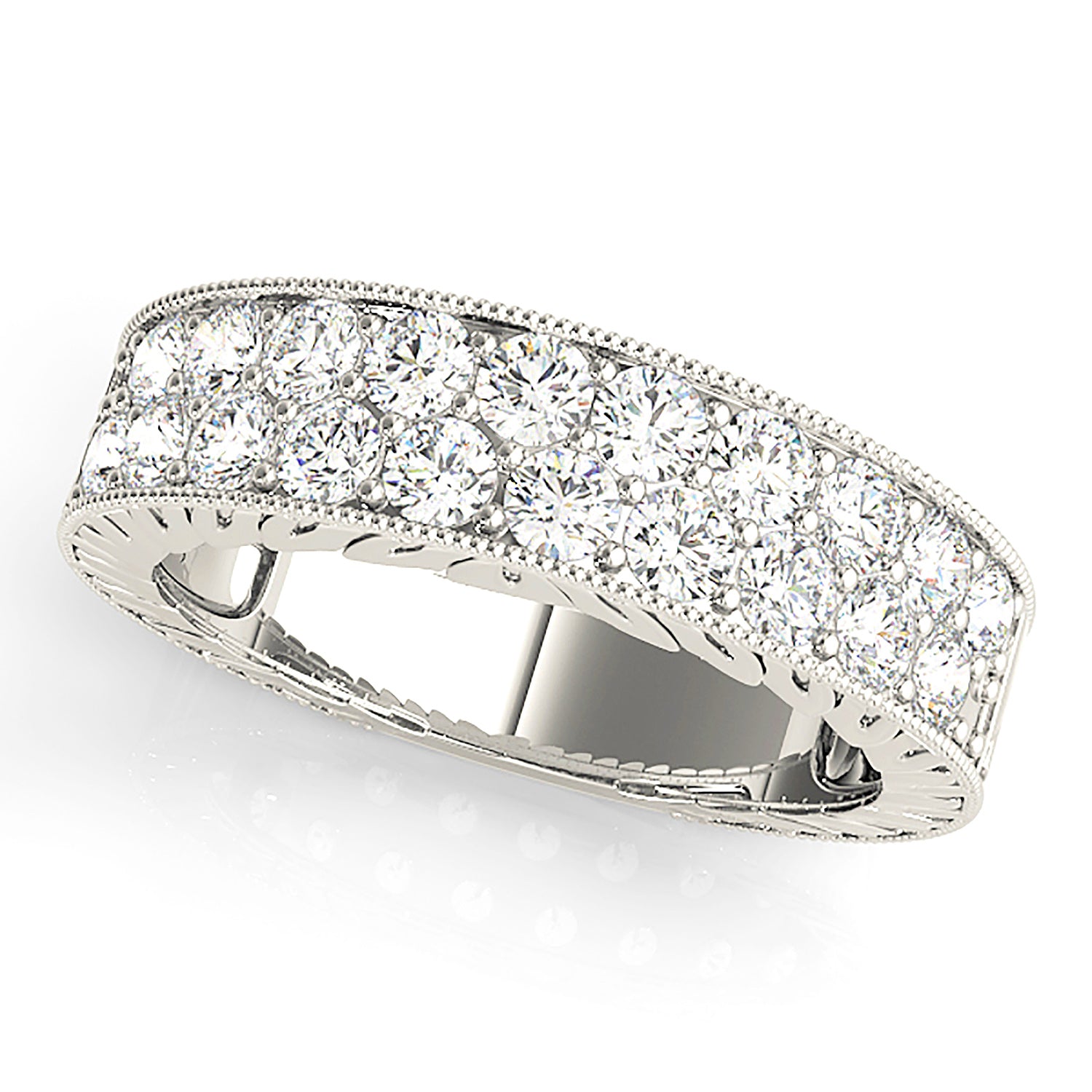 Two Row Diamond Wedding Band - 14K/18k Solid White Gold / Platinum | Pave Set Diamond Anniversary Ring | Milgrain Design-in 14K/18K White, Yellow, Rose Gold and Platinum - Christmas Jewelry Gift -VIRABYANI