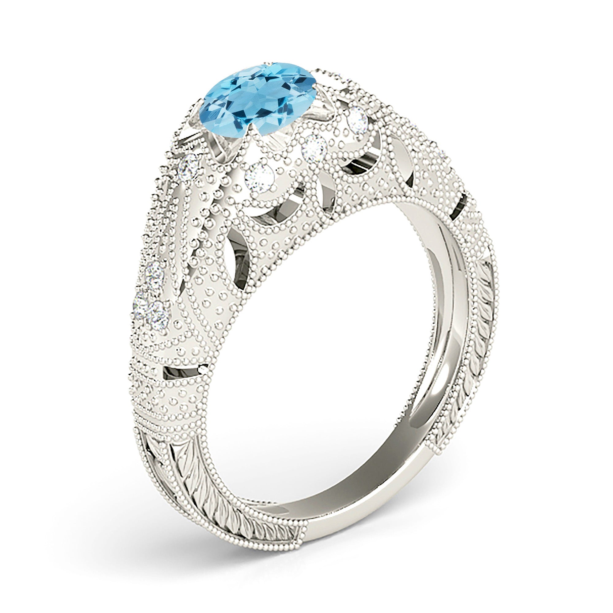 1.00 ct. Genuine Aquamarine Ring With 0.20 ctw. Side Accent Diamonds, Filigree and Milgrain Design Wide Band | Blue Aquamarine Halo Ring-VIRABYANI