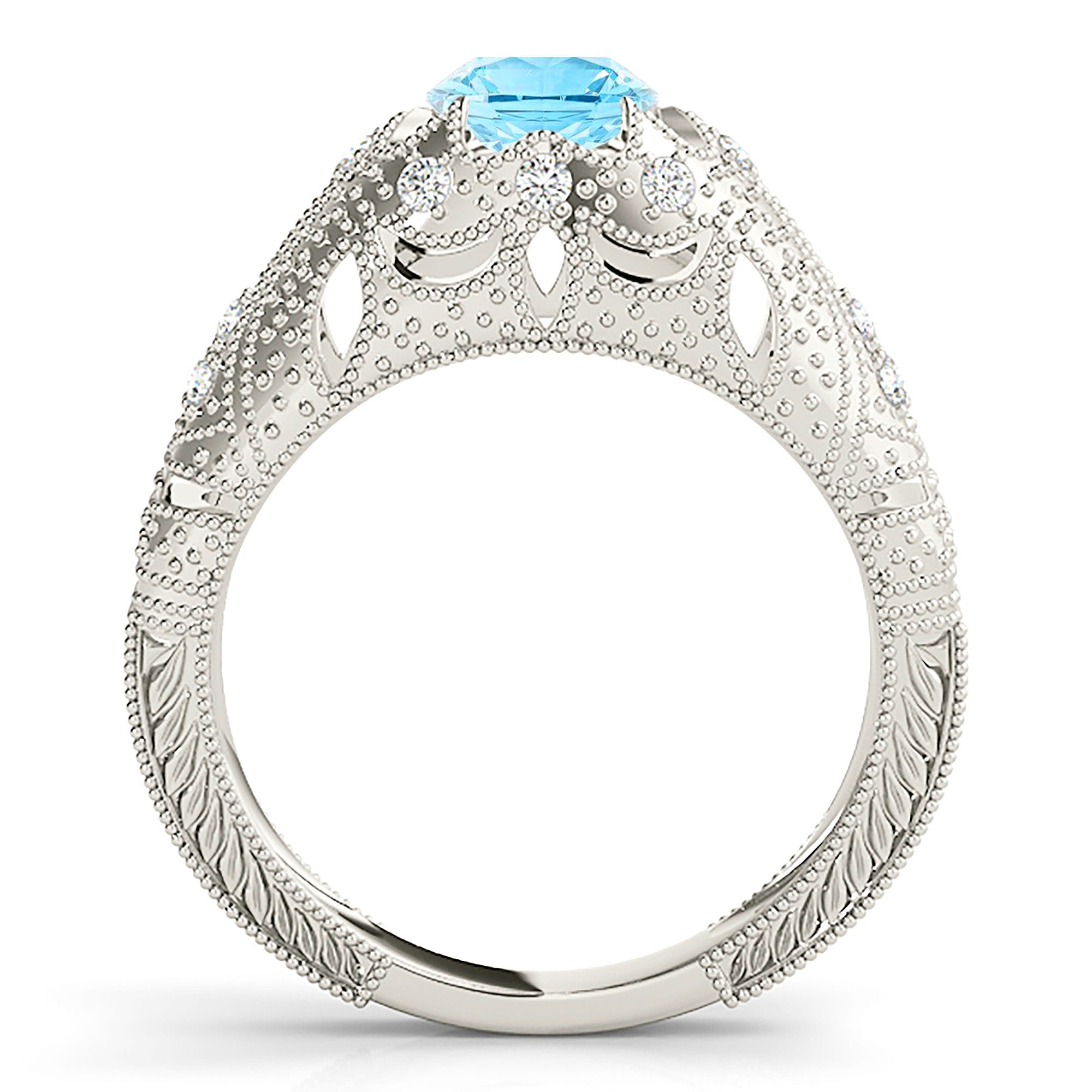 1.00 ct. Genuine Aquamarine Ring With 0.20 ctw. Side Accent Diamonds, Filigree and Milgrain Design Wide Band | Blue Aquamarine Halo Ring-VIRABYANI