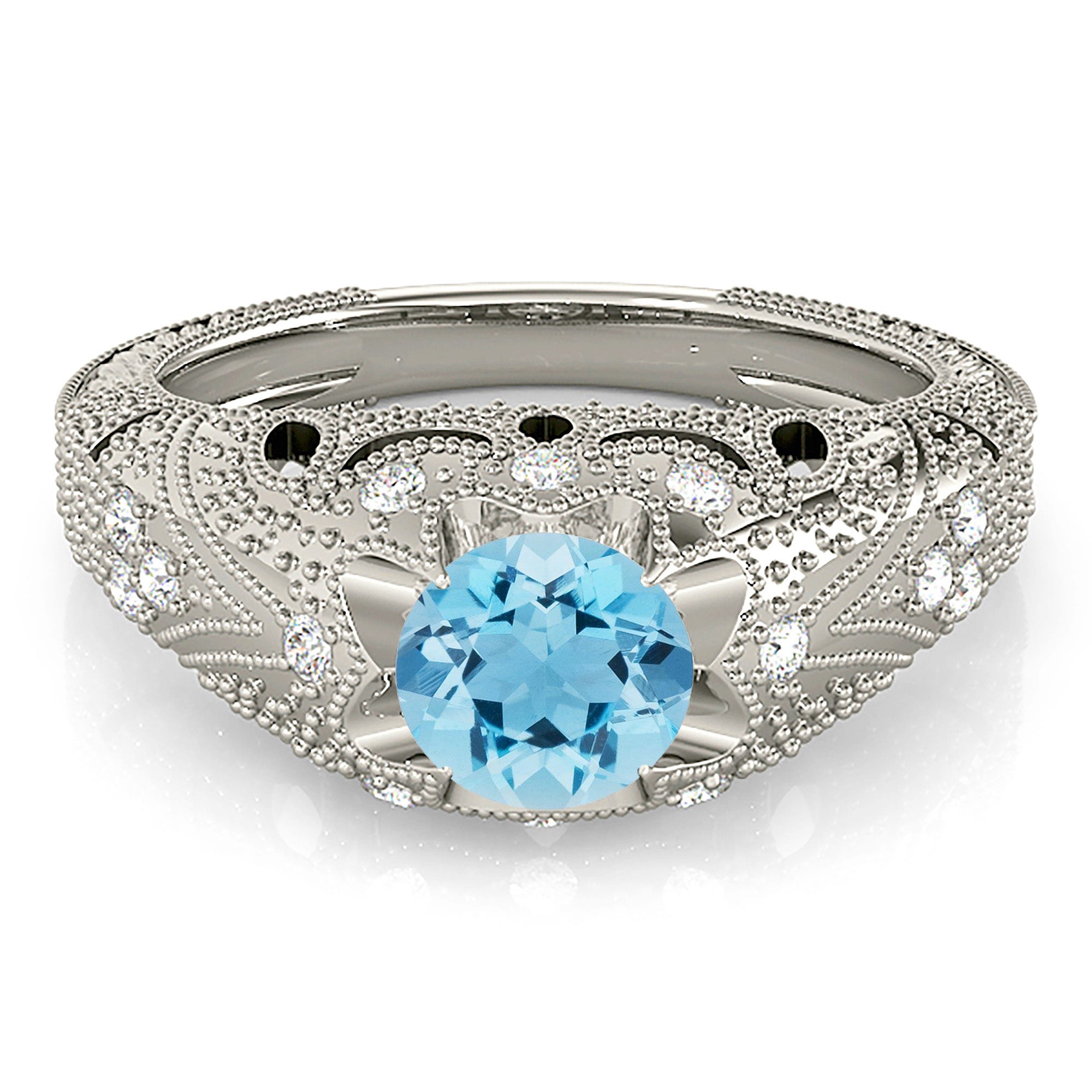 1.00 ct. Genuine Aquamarine Ring With 0.20 ctw. Side Accent Diamonds, Filigree and Milgrain Design Wide Band | Blue Aquamarine Halo Ring-VIRABYANI