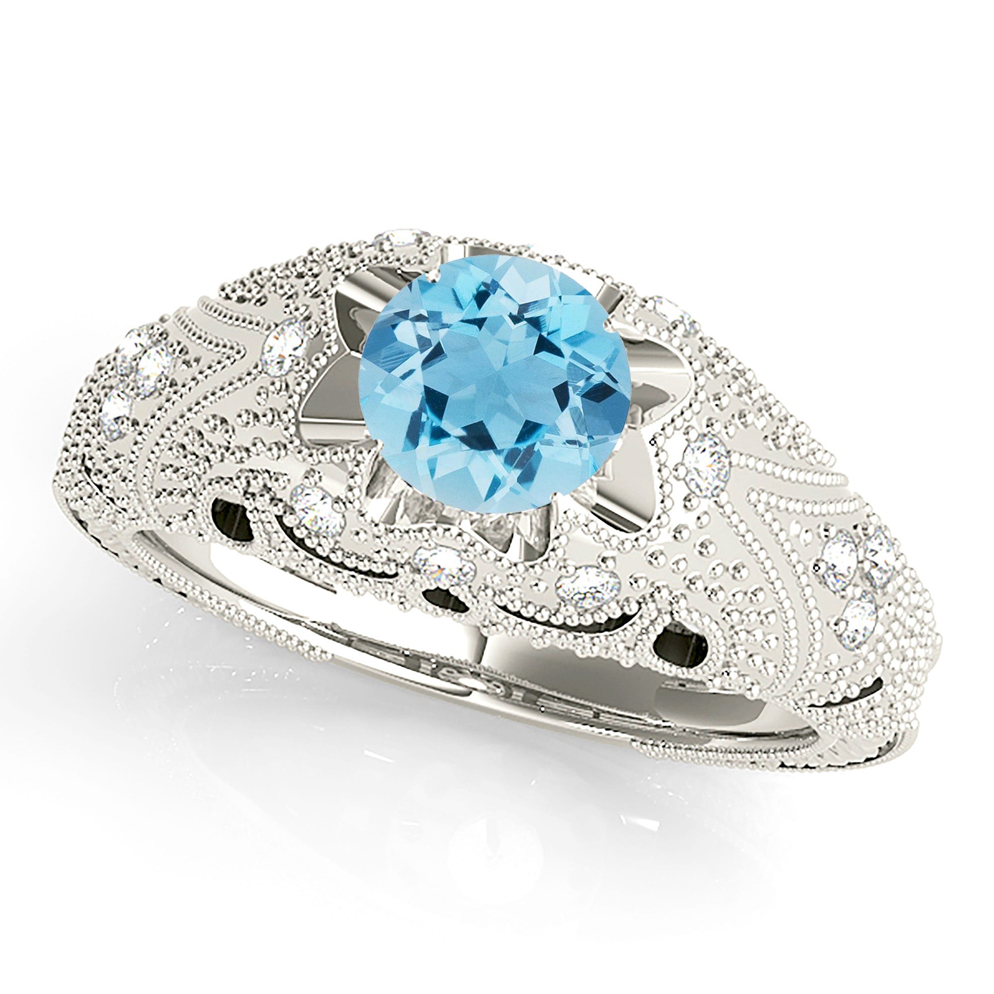 1.00 ct. Genuine Aquamarine Ring With 0.20 ctw. Side Accent Diamonds, Filigree and Milgrain Design Wide Band | Blue Aquamarine Halo Ring-VIRABYANI