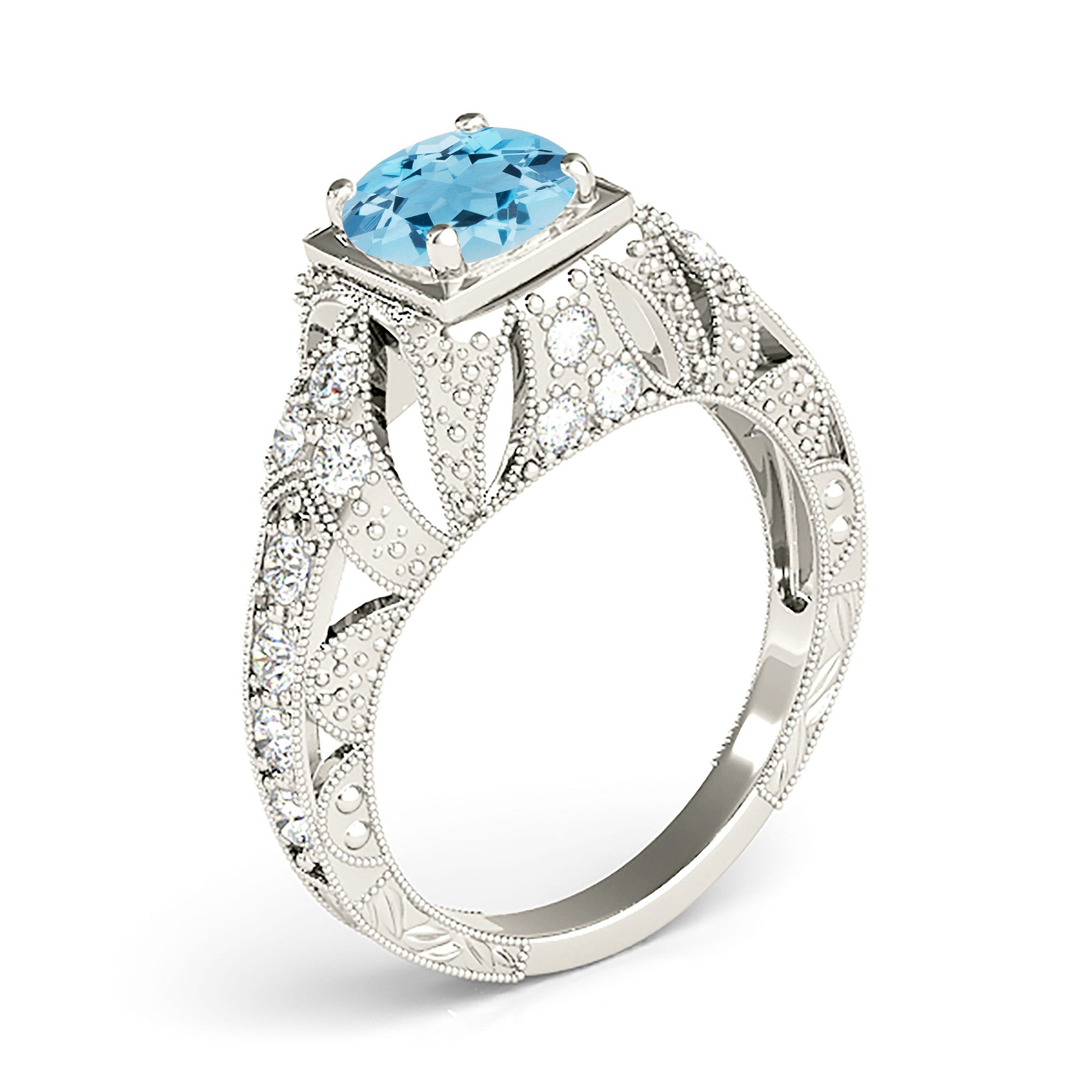 1.10 ct. Genuine Aquamarine Ring With 0.20 ctw. Diamond Filigree and Milgrain Design Fancy Band | Round Blue Aquamarine Halo Ring-VIRABYANI