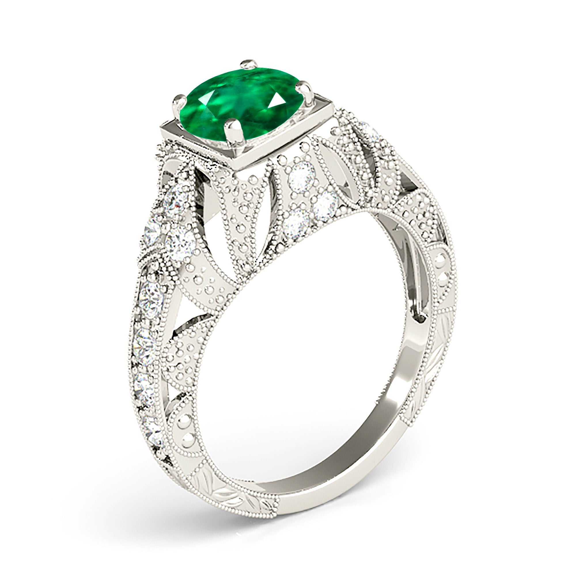 1.14 ct. Genuine Solitaire Emerald Ring With 0.20 ctw. Fancy Diamond Filigree And Milgrain Band-in 14K/18K White, Yellow, Rose Gold and Platinum - Christmas Jewelry Gift -VIRABYANI