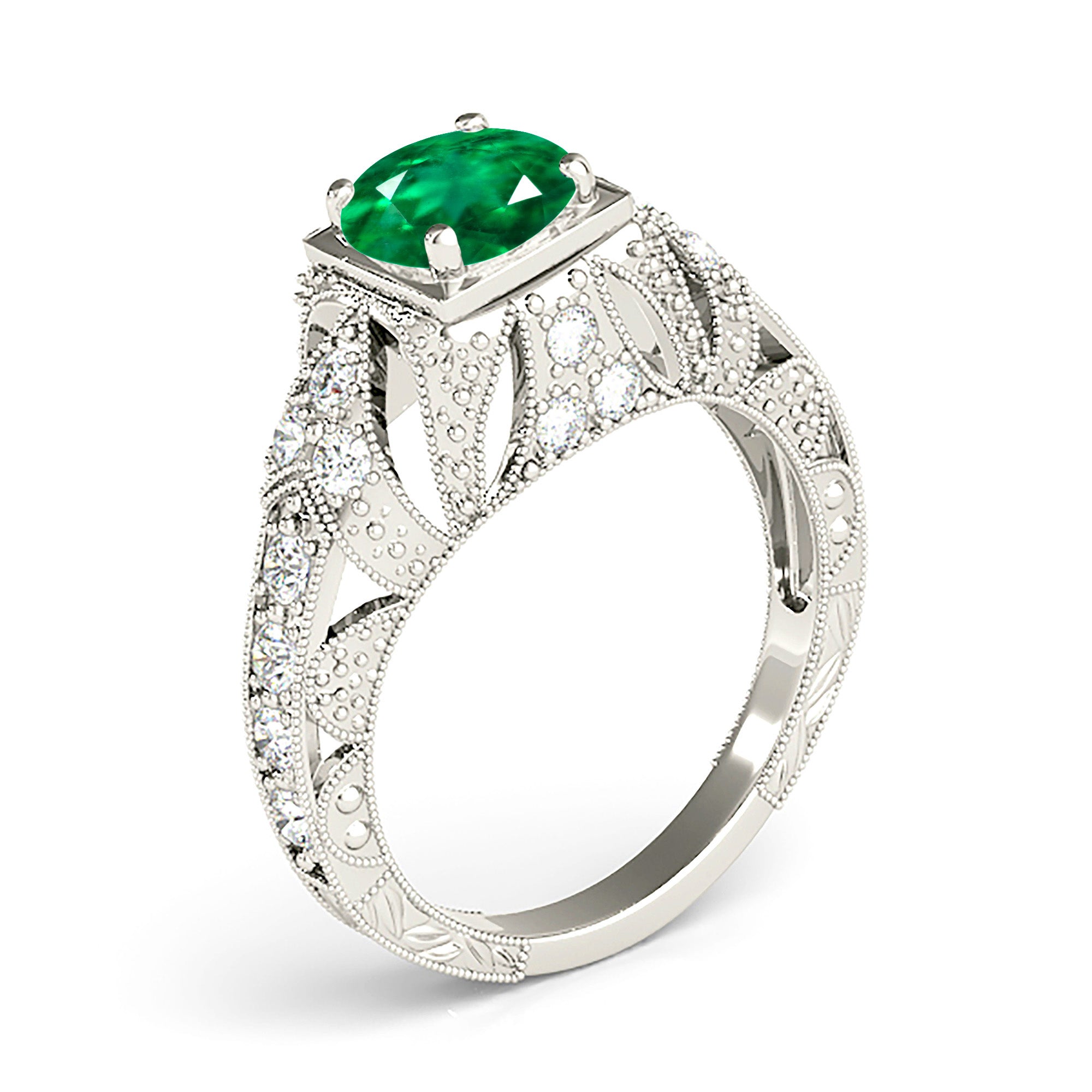 1.14 ct. Genuine Solitaire Emerald Ring With 0.20 ctw. Fancy Diamond Filigree And Milgrain Band-VIRABYANI