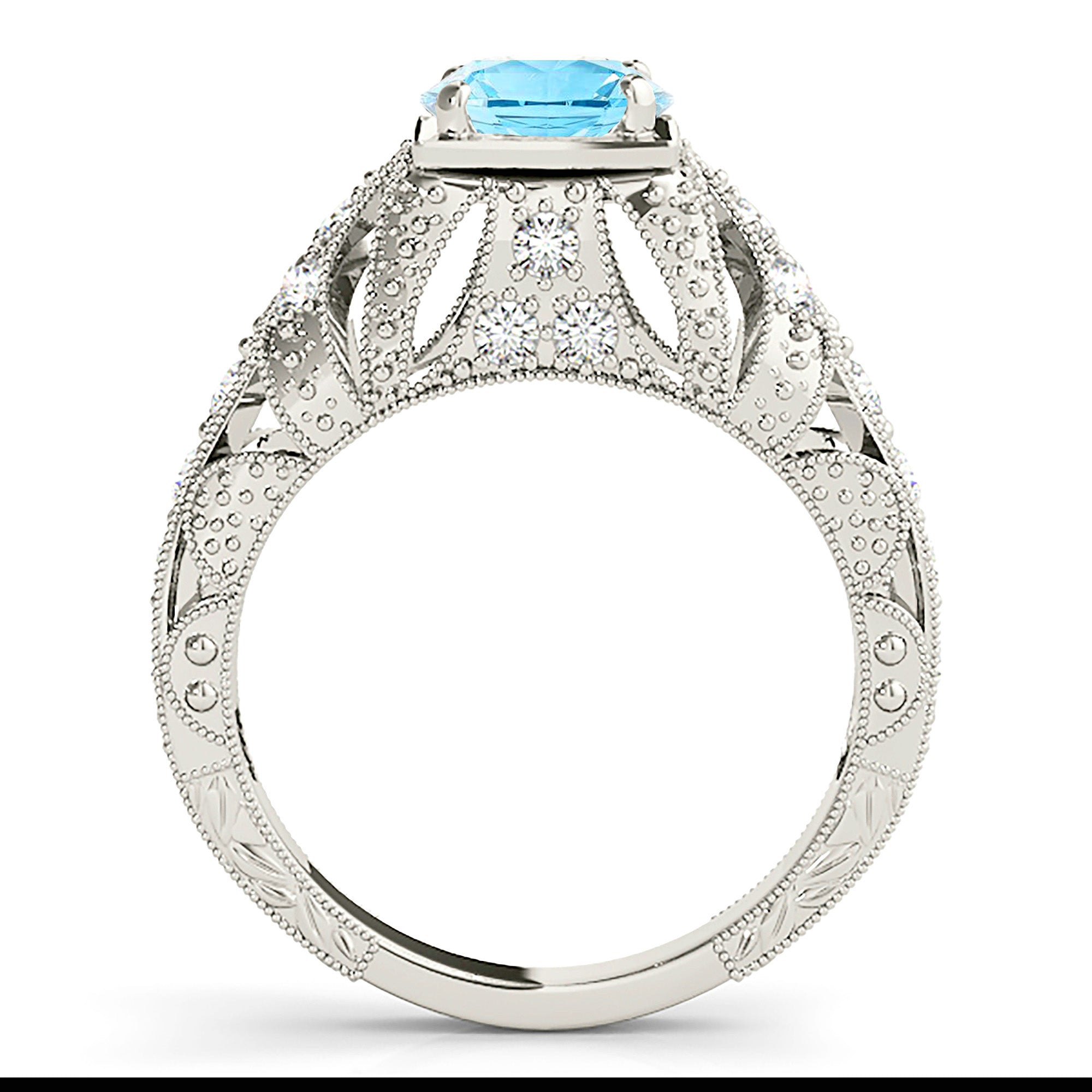 1.10 ct. Genuine Aquamarine Ring With 0.20 ctw. Diamond Filigree and Milgrain Design Fancy Band | Round Blue Aquamarine Halo Ring-VIRABYANI