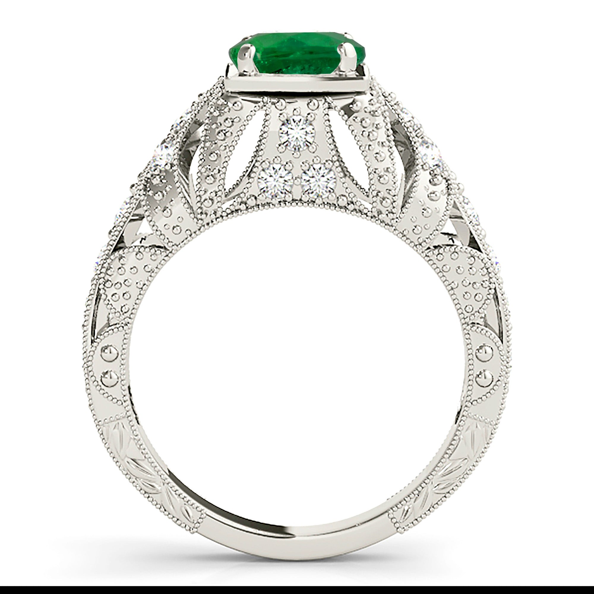 1.14 ct. Genuine Solitaire Emerald Ring With 0.20 ctw. Fancy Diamond Filigree And Milgrain Band-in 14K/18K White, Yellow, Rose Gold and Platinum - Christmas Jewelry Gift -VIRABYANI