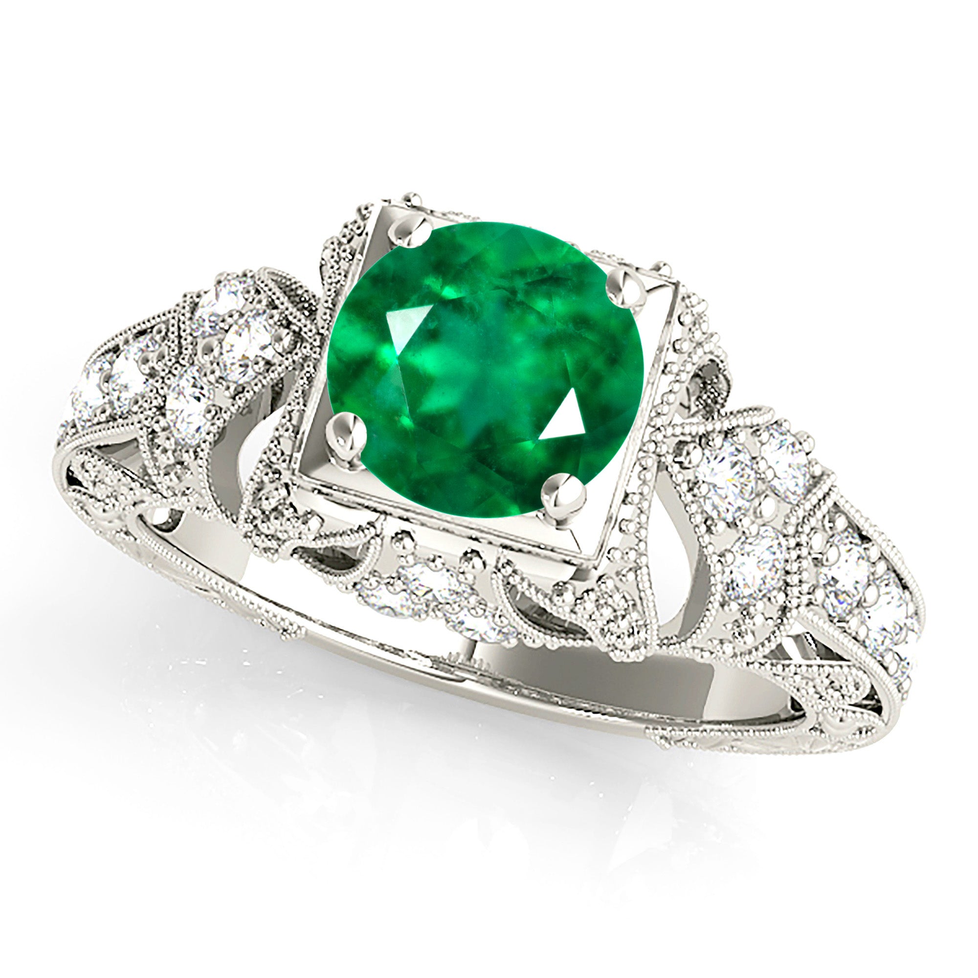 1.14 ct. Genuine Solitaire Emerald Ring With 0.20 ctw. Fancy Diamond Filigree And Milgrain Band-VIRABYANI