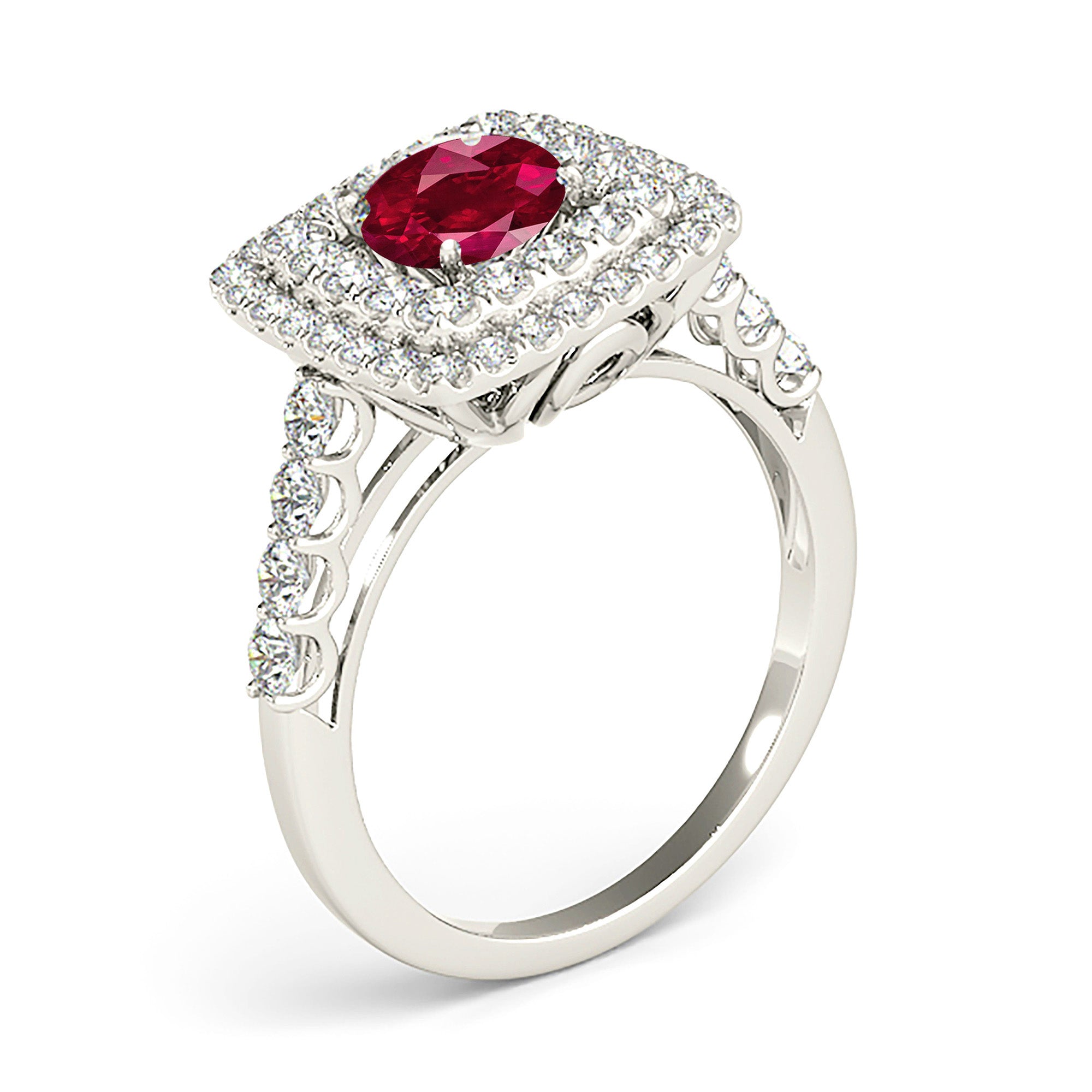 1.35 ct. Genuine Ruby Ring With 0.90 ctw. Diamond Double Row Cushion Halo And Diamond Band-in 14K/18K White, Yellow, Rose Gold and Platinum - Christmas Jewelry Gift -VIRABYANI