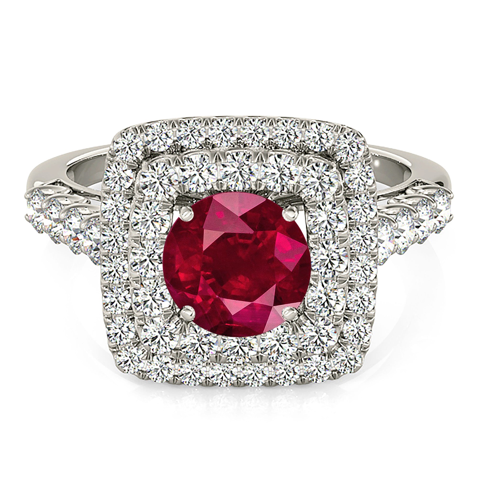 1.35 ct. Genuine Ruby Ring With 0.90 ctw. Diamond Double Row Cushion Halo And Diamond Band-in 14K/18K White, Yellow, Rose Gold and Platinum - Christmas Jewelry Gift -VIRABYANI