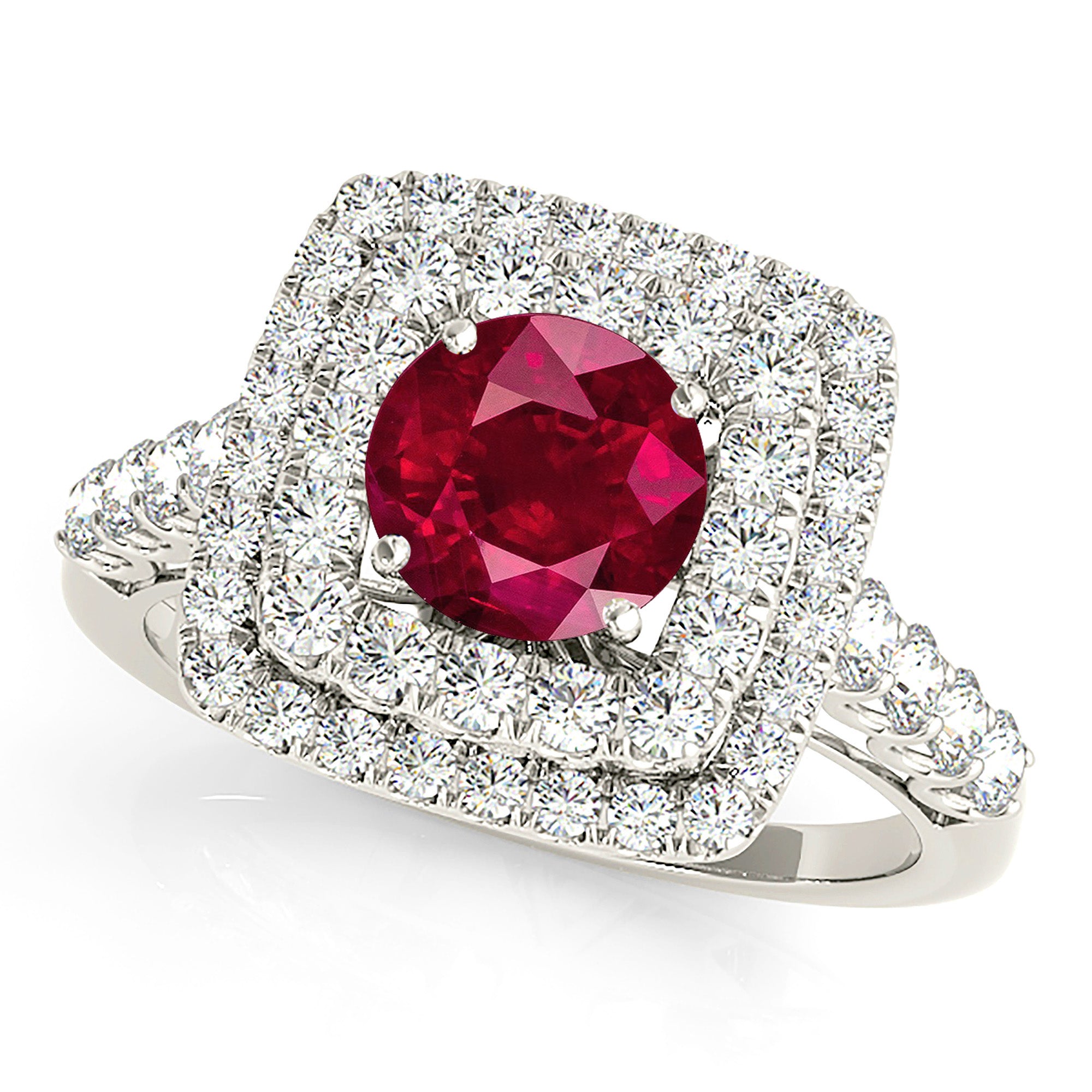 1.35 ct. Genuine Ruby Ring With 0.90 ctw. Diamond Double Row Cushion Halo And Diamond Band-VIRABYANI