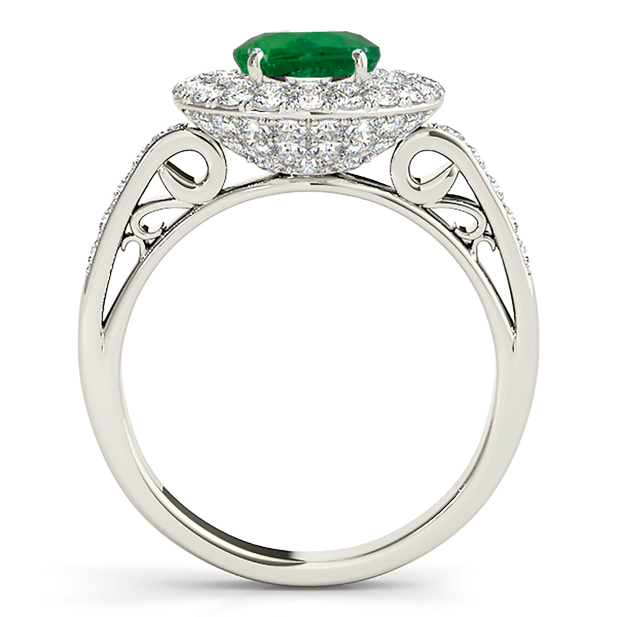 1.14 ct. Genuine Emerald Double Halo Ring With 1.00 ctw. Pave Set Under Halo and Side Diamonds-VIRABYANI