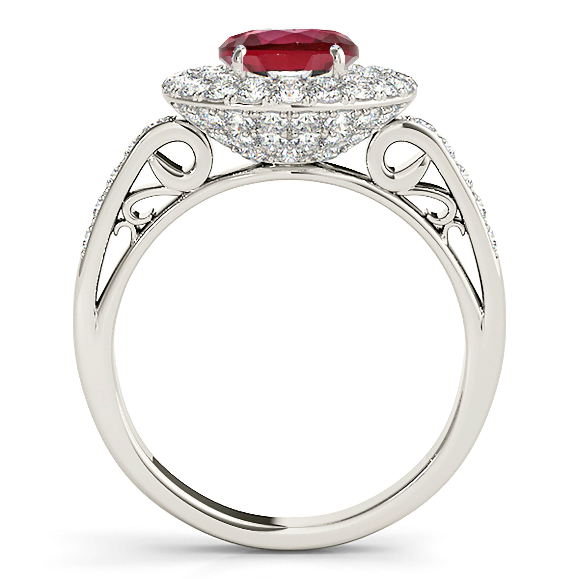 1.35 ct. Genuine Ruby Ring With 1.00 ctw. Diamond 3 D Halo and Hand Carved Diamond Band-in 14K/18K White, Yellow, Rose Gold and Platinum - Christmas Jewelry Gift -VIRABYANI