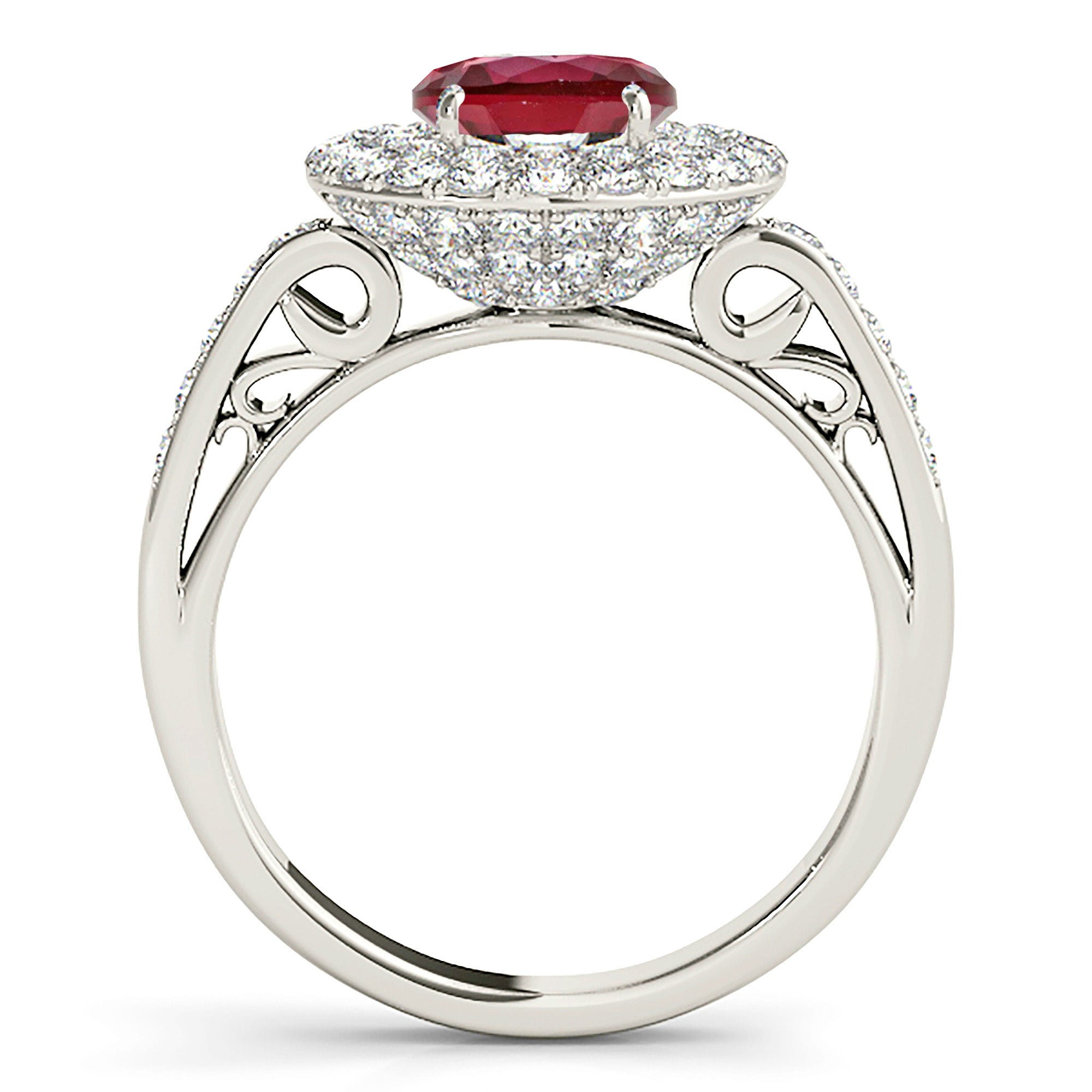 1.35 ct. Genuine Ruby Ring With 1.00 ctw. Diamond 3 D Halo and Hand Carved Diamond Band-VIRABYANI