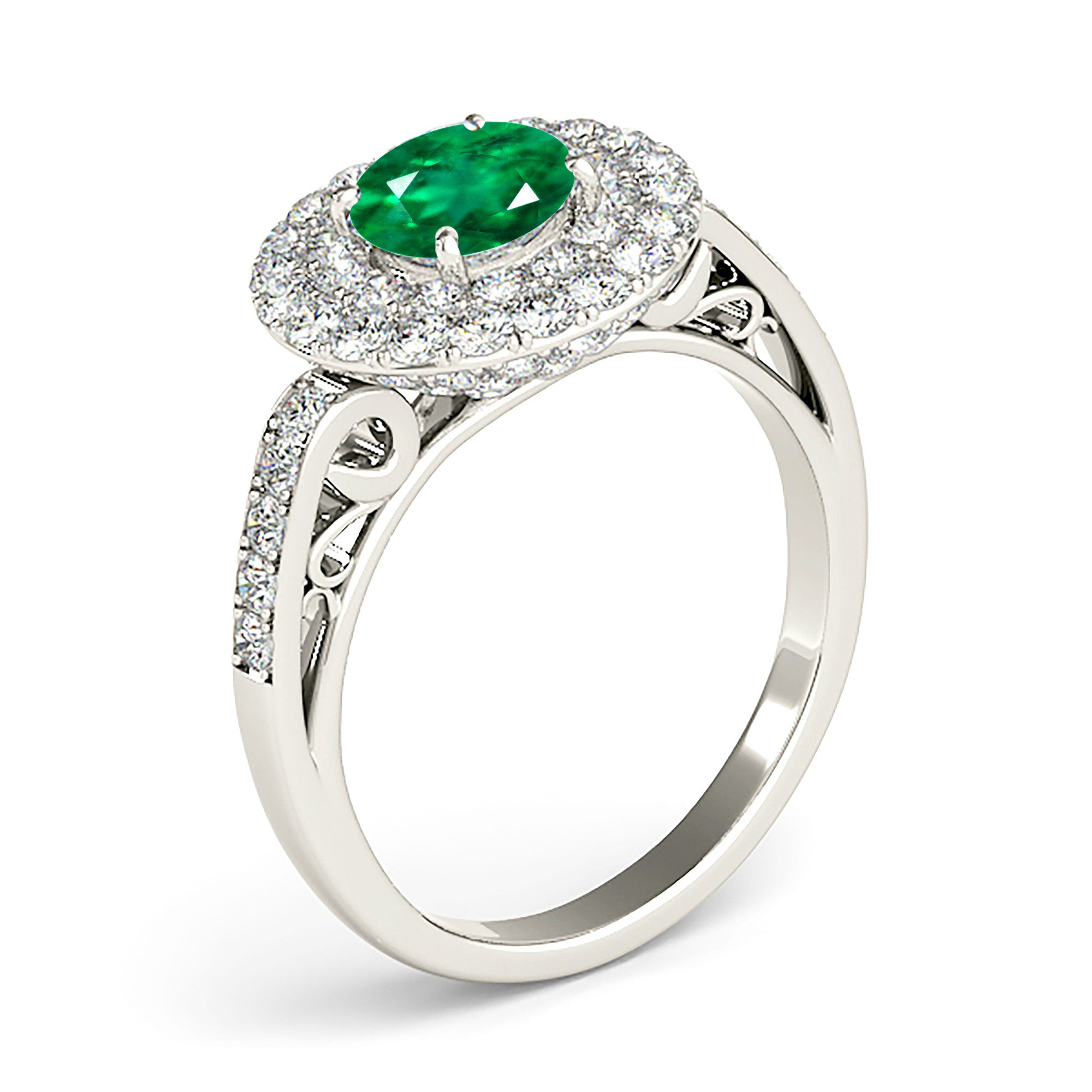 1.14 ct. Genuine Emerald Double Halo Ring With 1.00 ctw. Pave Set Under Halo and Side Diamonds-VIRABYANI