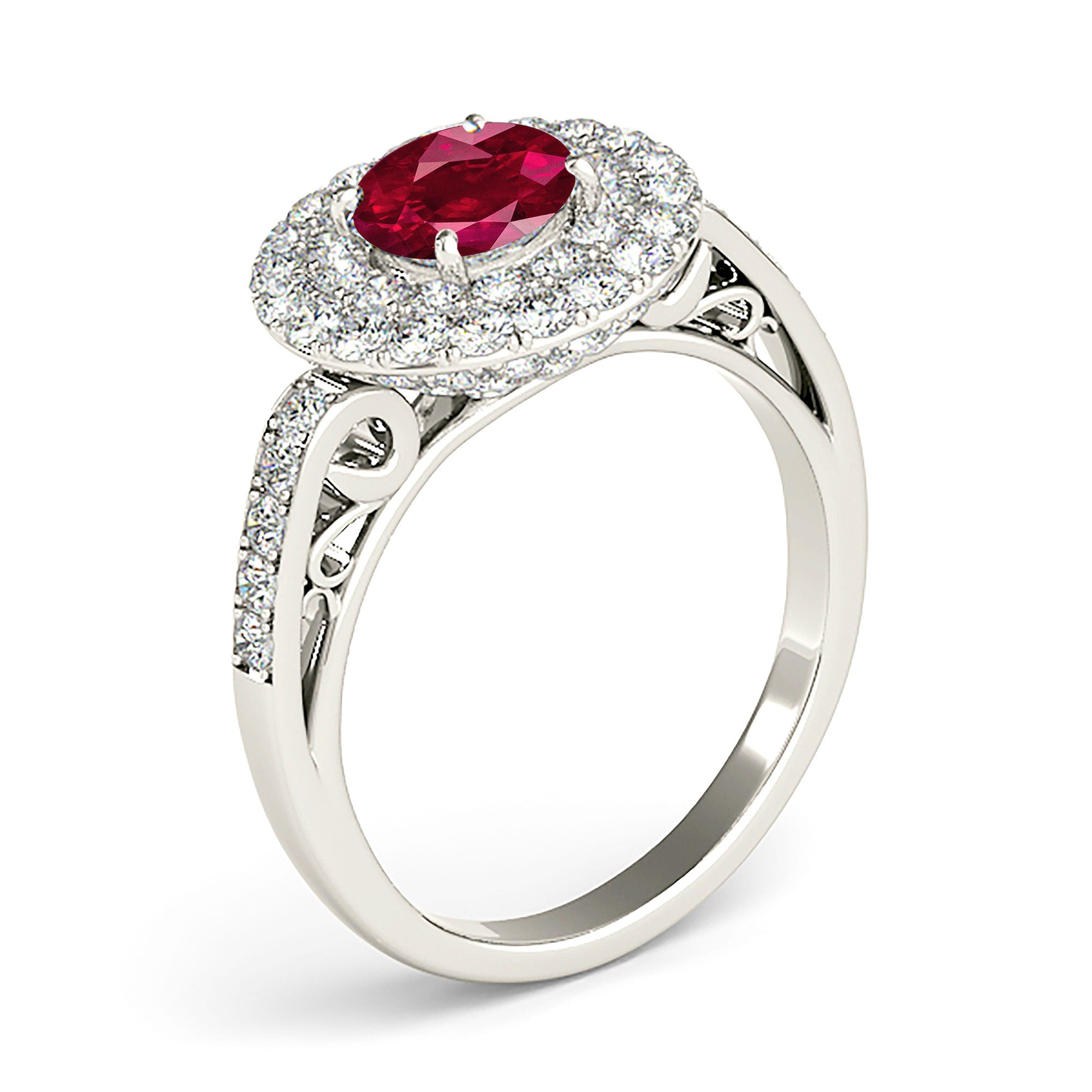 1.35 ct. Genuine Ruby Ring With 1.00 ctw. Diamond 3 D Halo and Hand Carved Diamond Band-VIRABYANI