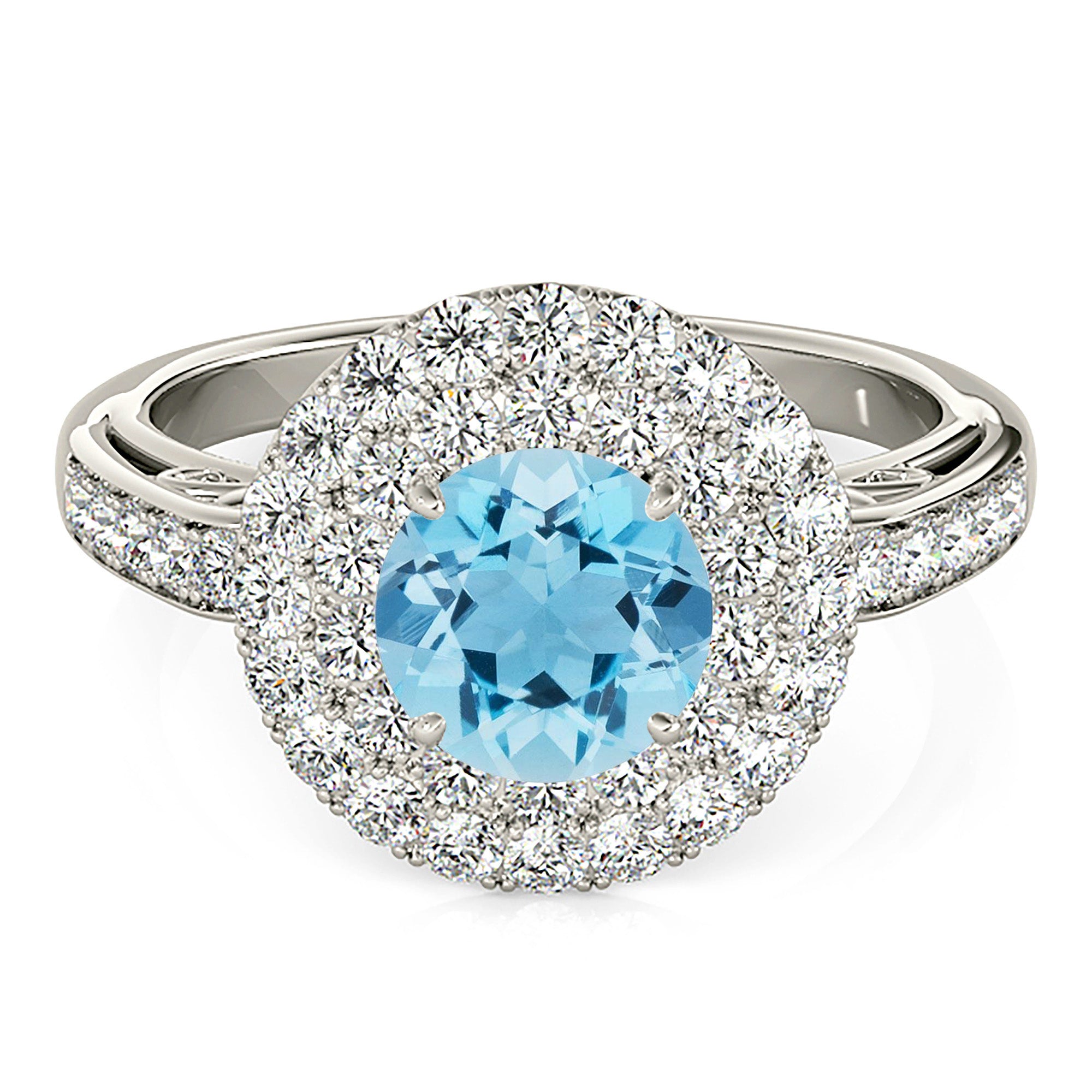 1.10 ct. Genuine Aquamarine Ring With 1.00 ctw. Diamond 3 D Halo And Fancy Hand Carved Diamond Band-VIRABYANI