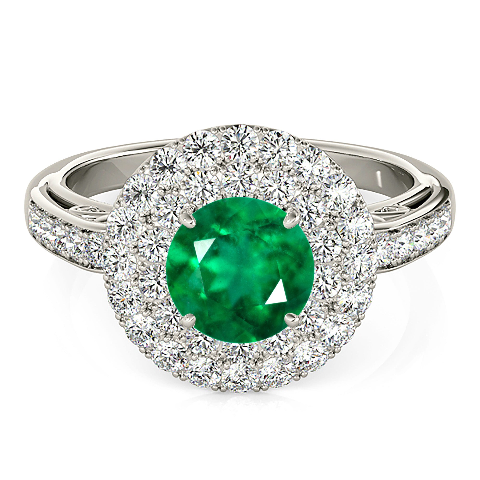 1.14 ct. Genuine Emerald Double Halo Ring With 1.00 ctw. Pave Set Under Halo and Side Diamonds-VIRABYANI