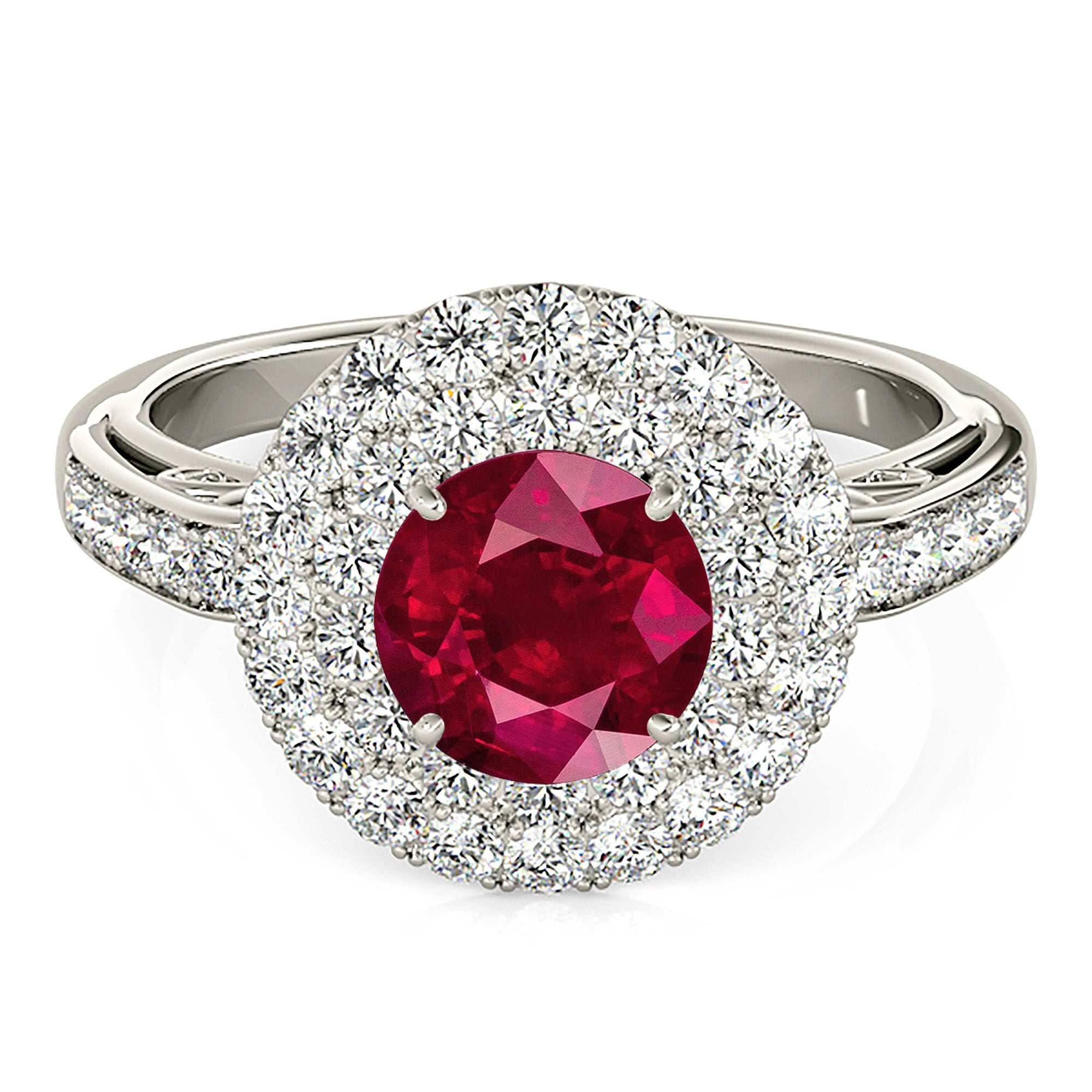 1.35 ct. Genuine Ruby Ring With 1.00 ctw. Diamond 3 D Halo and Hand Carved Diamond Band-VIRABYANI