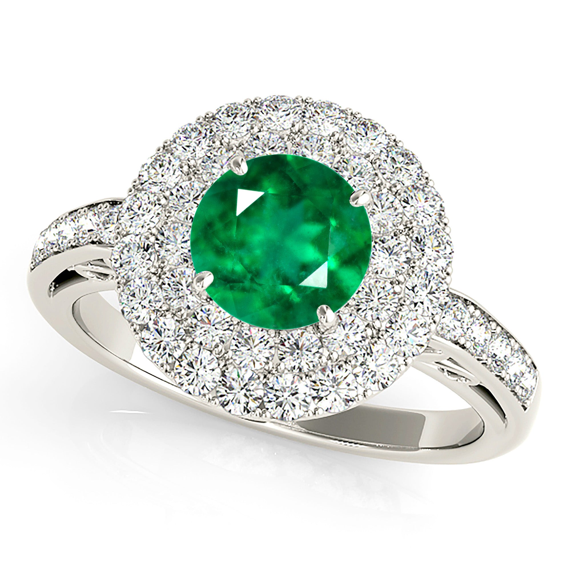 1.14 ct. Genuine Emerald Double Halo Ring With 1.00 ctw. Pave Set Under Halo and Side Diamonds-VIRABYANI