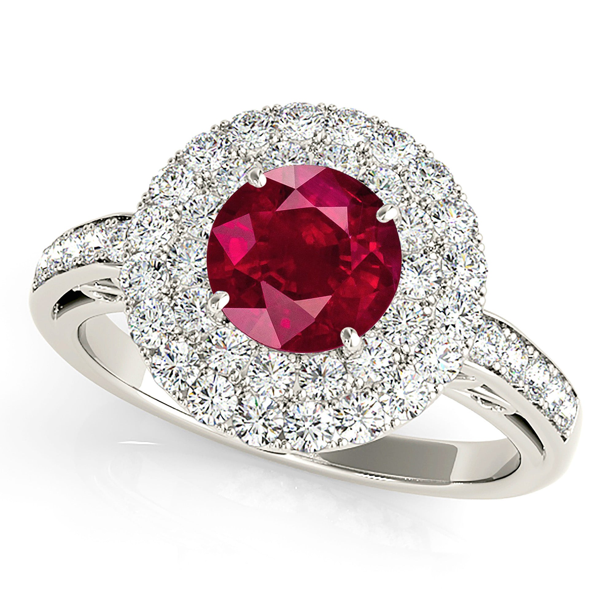 1.35 ct. Genuine Ruby Ring With 1.00 ctw. Diamond 3 D Halo and Hand Carved Diamond Band-VIRABYANI