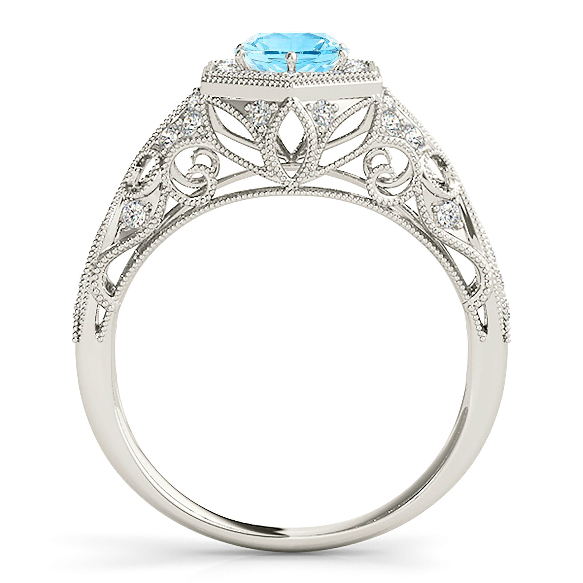 1.10 ct. Genuine Aquamarine Ring With 0.35 ctw. Diamond Milgrain Halo, Graduating Filigree Diamond Fancy Band | Round Blue Aquamarine Ring-VIRABYANI