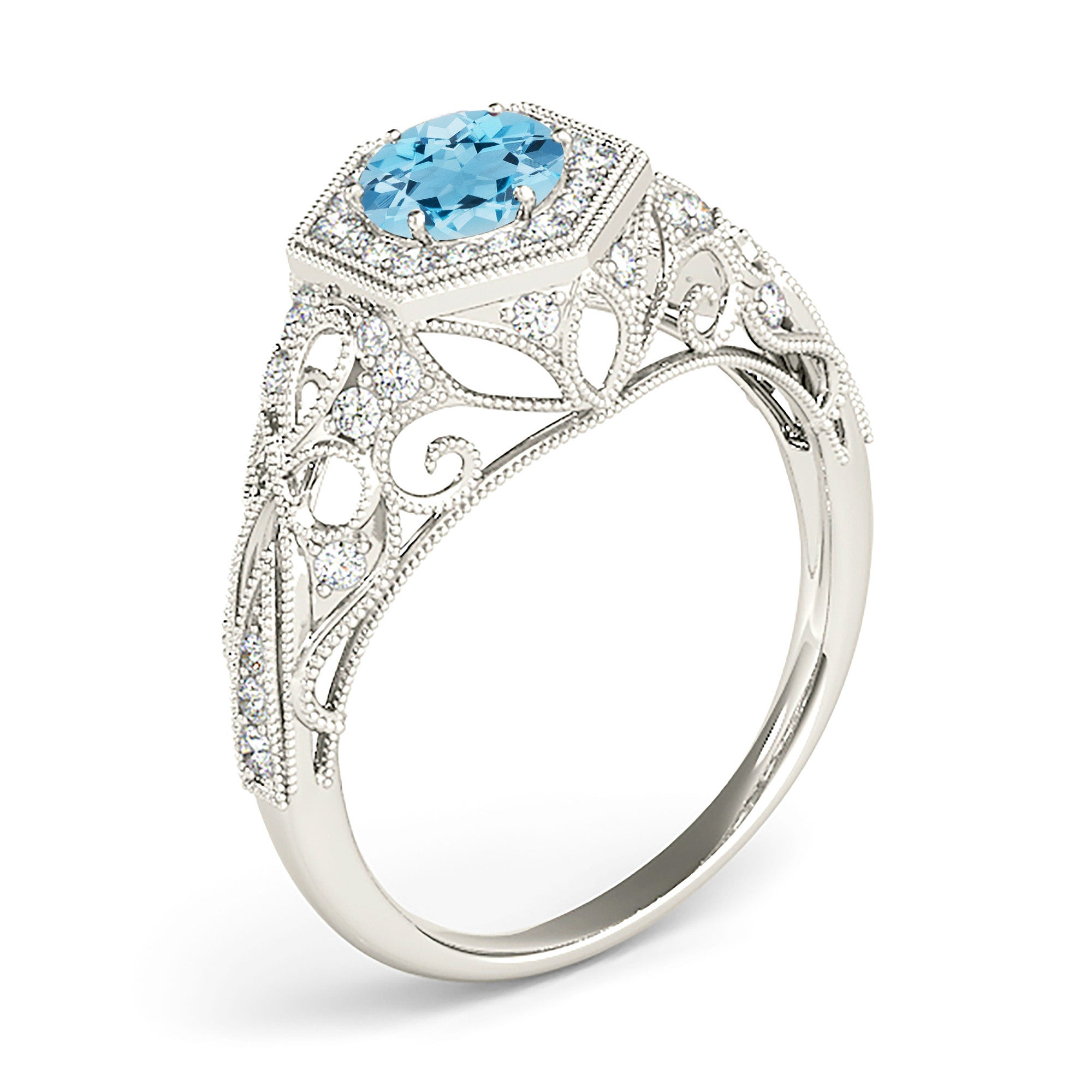 1.10 ct. Genuine Aquamarine Ring With 0.35 ctw. Diamond Milgrain Halo, Graduating Filigree Diamond Fancy Band | Round Blue Aquamarine Ring-VIRABYANI