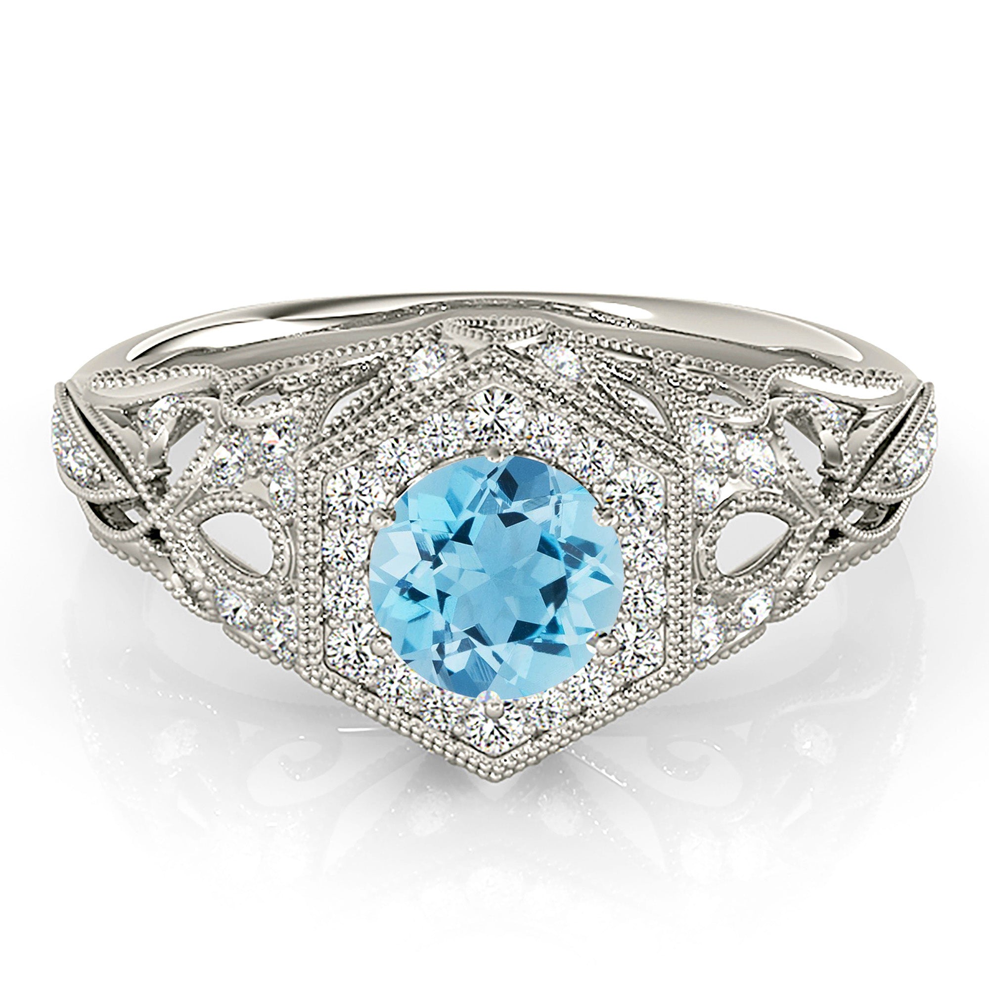 1.10 ct. Genuine Aquamarine Ring With 0.35 ctw. Diamond Milgrain Halo, Graduating Filigree Diamond Fancy Band | Round Blue Aquamarine Ring-VIRABYANI