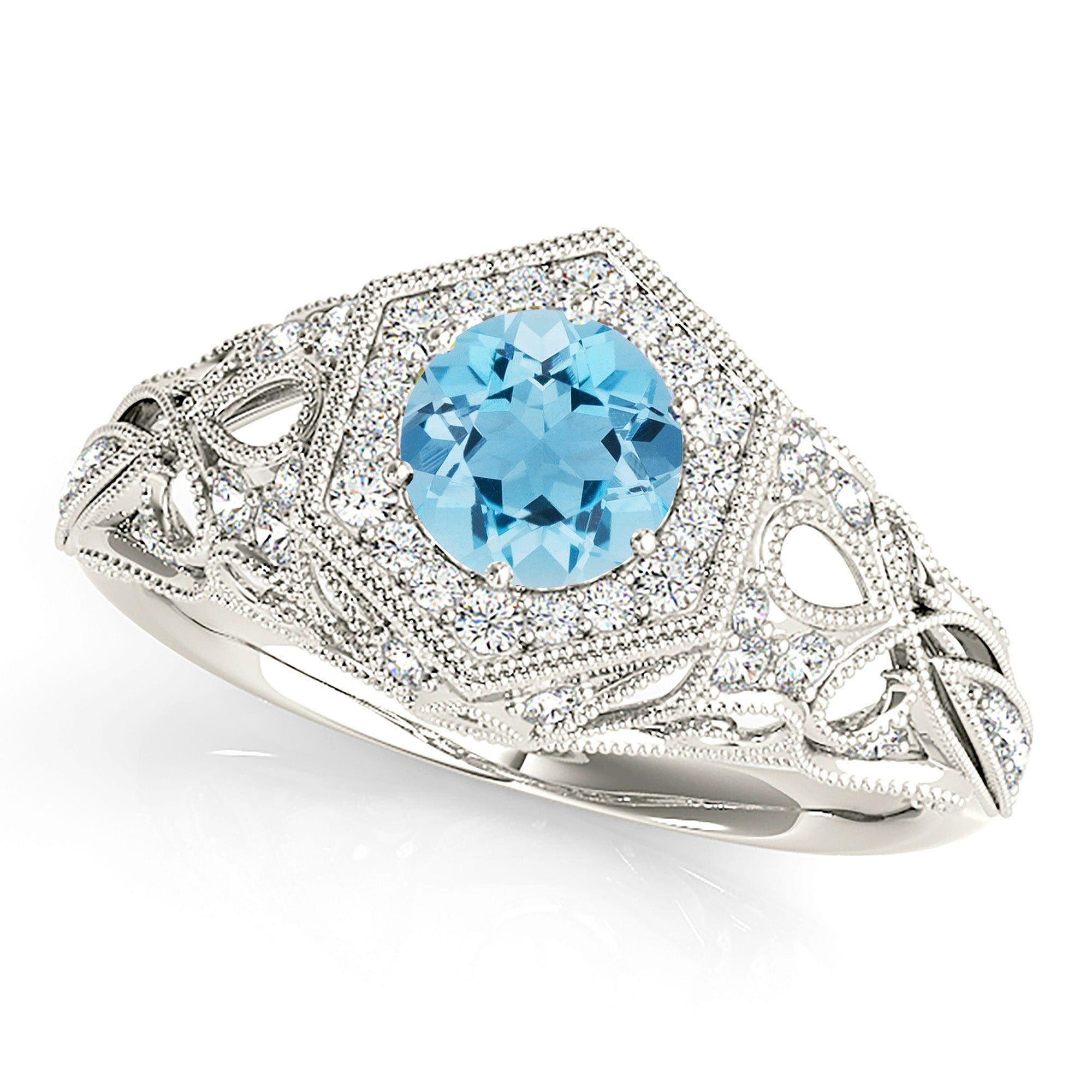 1.10 ct. Genuine Aquamarine Ring With 0.35 ctw. Diamond Milgrain Halo, Graduating Filigree Diamond Fancy Band | Round Blue Aquamarine Ring-VIRABYANI