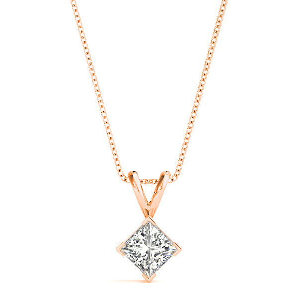 V Prong Princess Cut Diamond Solitaire Necklace Pendant-VIRABYANI