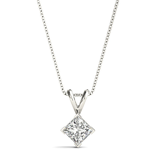 V Prong Princess Cut Diamond Solitaire Necklace Pendant-VIRABYANI