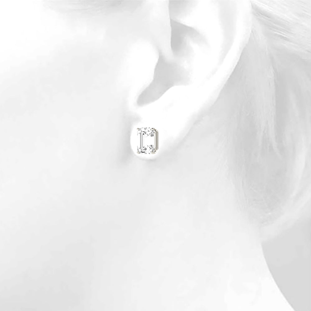 Four Prong Emerald Cut Diamond Stud Earrings-VIRABYANI