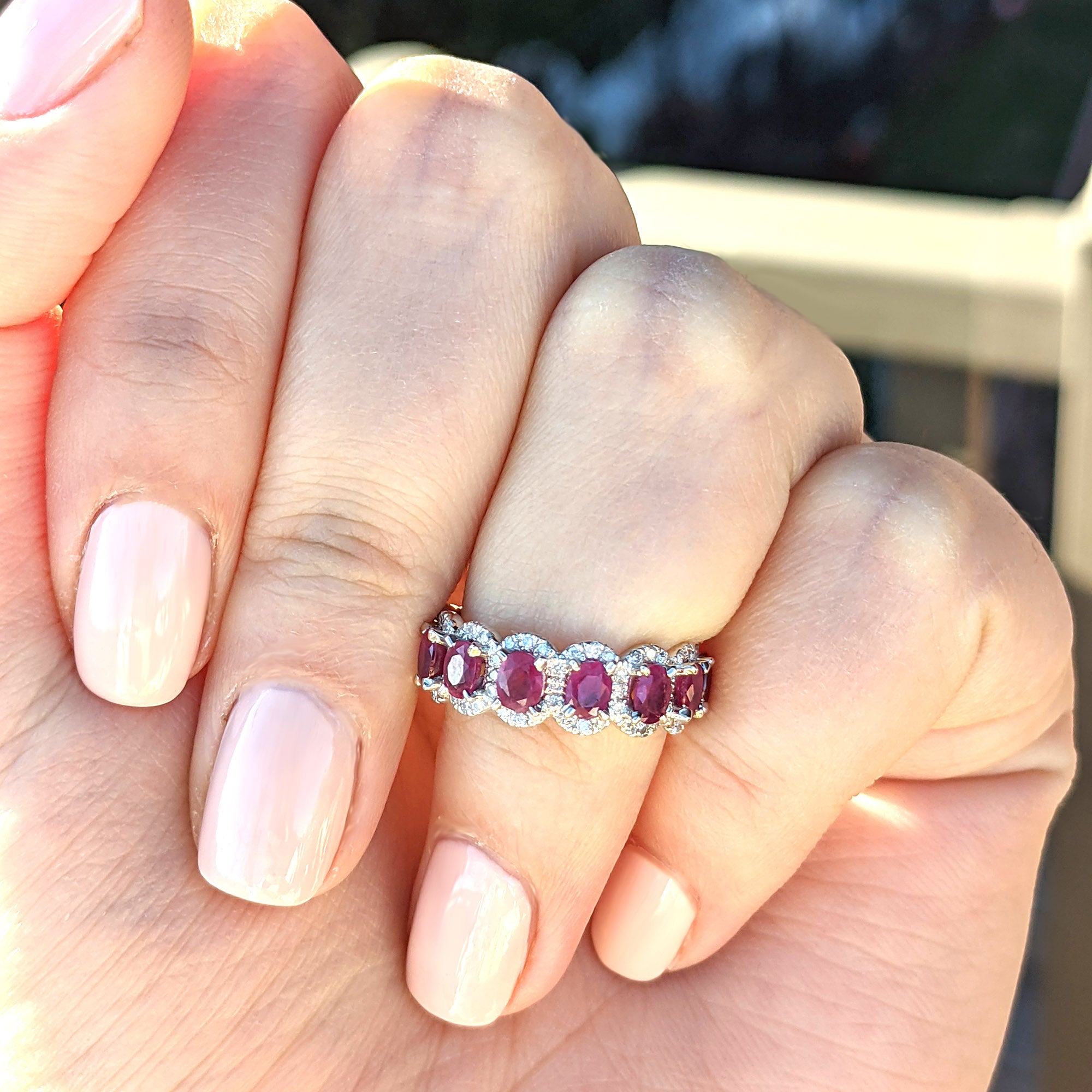 3.17 ct. Genuine Oval Ruby Eternity Ring With 0.79 ct. Diamond Halo-VIRABYANI